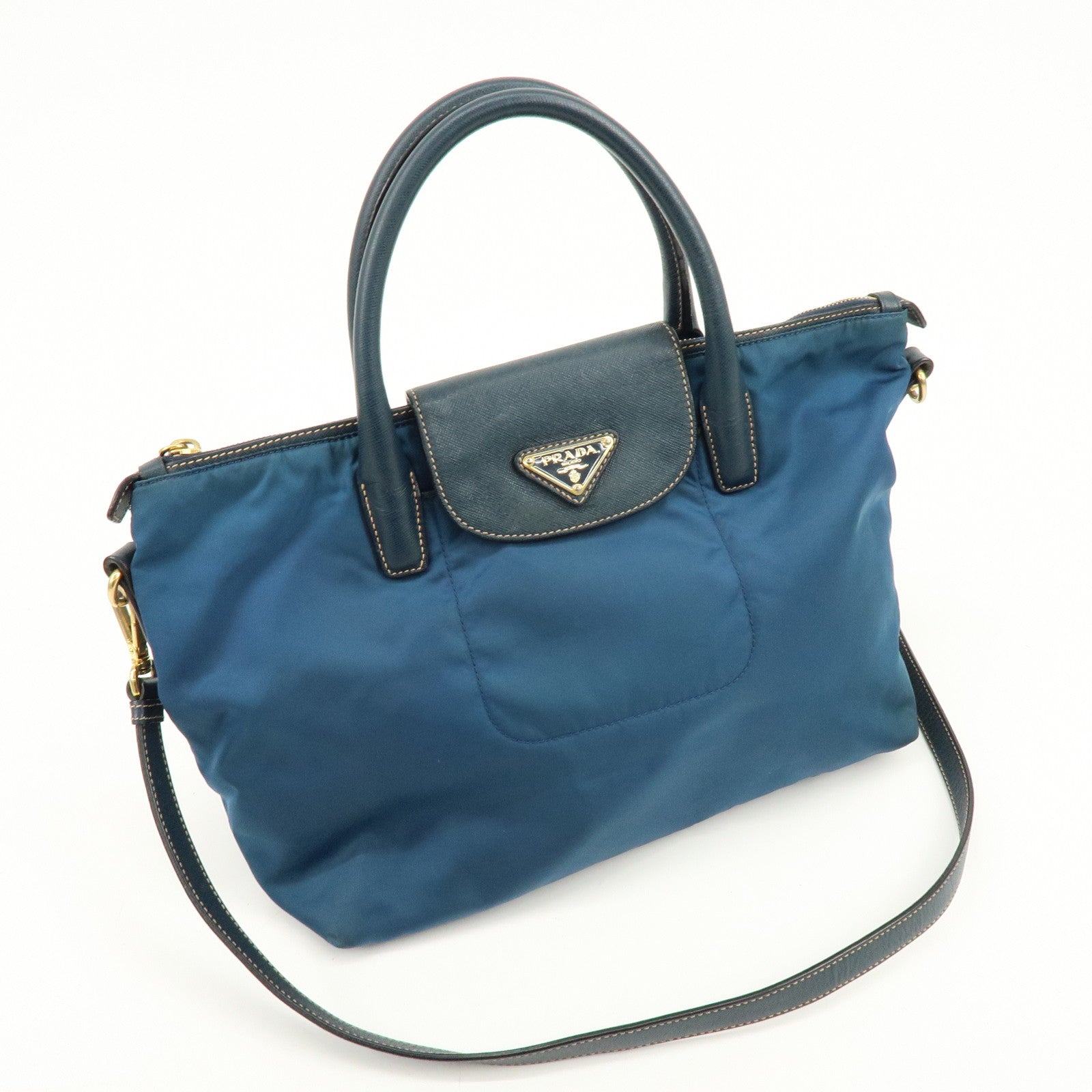 PRADA Triangle Logo 2Way Bag Hand Bag Shoulder Bag Blue BN2541