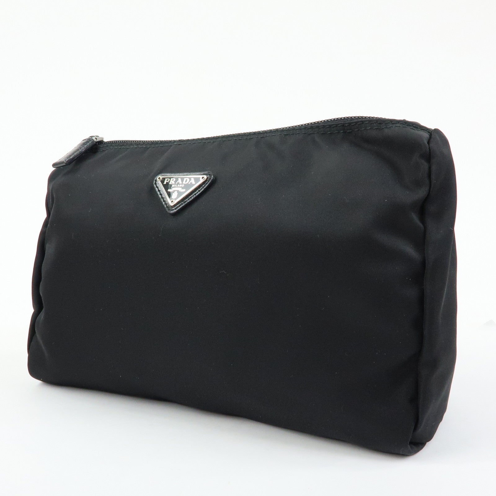 PRADA Triangle Logo Nylon Cosmetic Pouch Makeup Bag Black