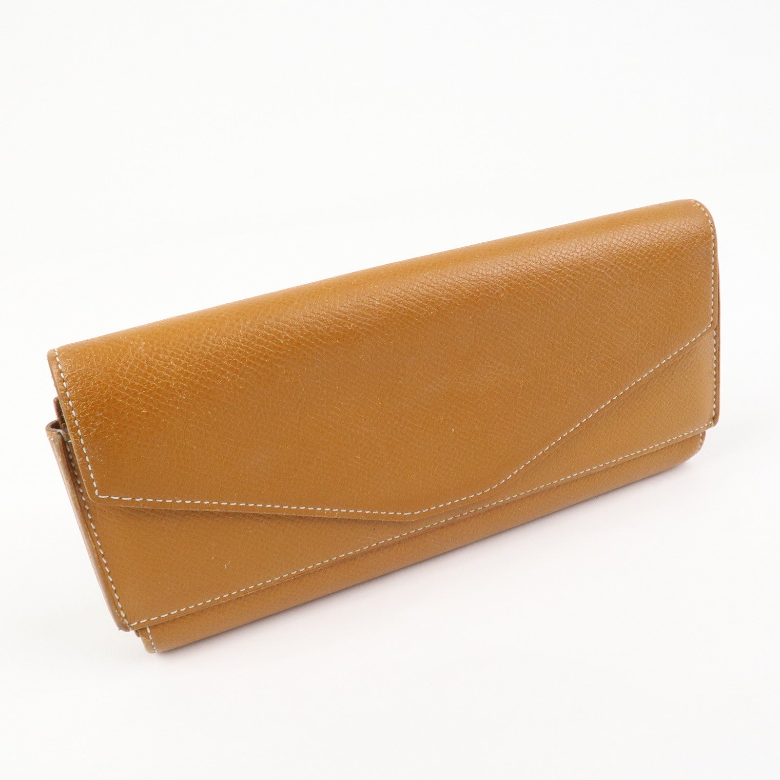 HERMES Logo Leather Passant X Stamped Flap Long Wallet Brown