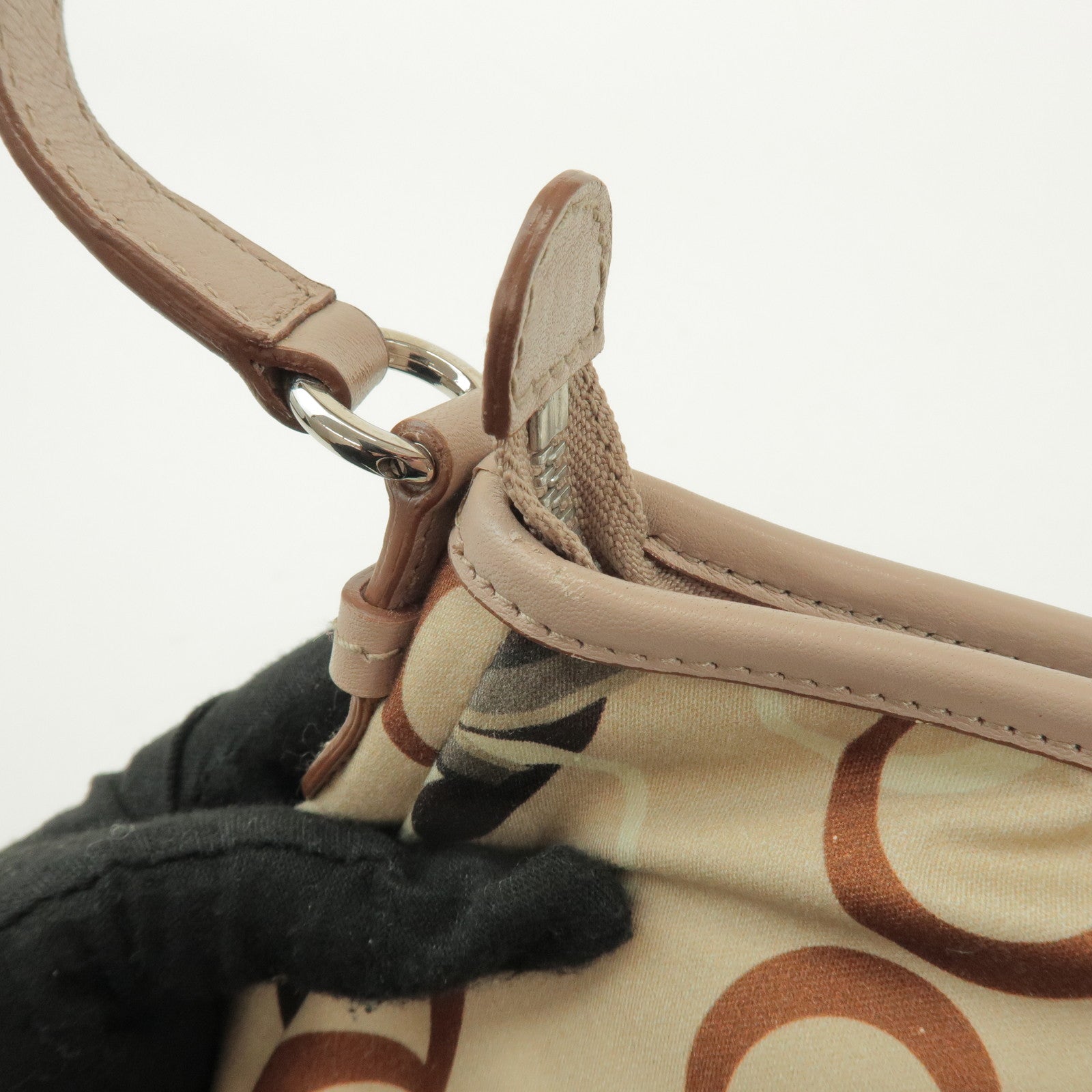 Ferragamo Gancini Nylon Leather Hand Bag Shoulder Bag Beige Brown