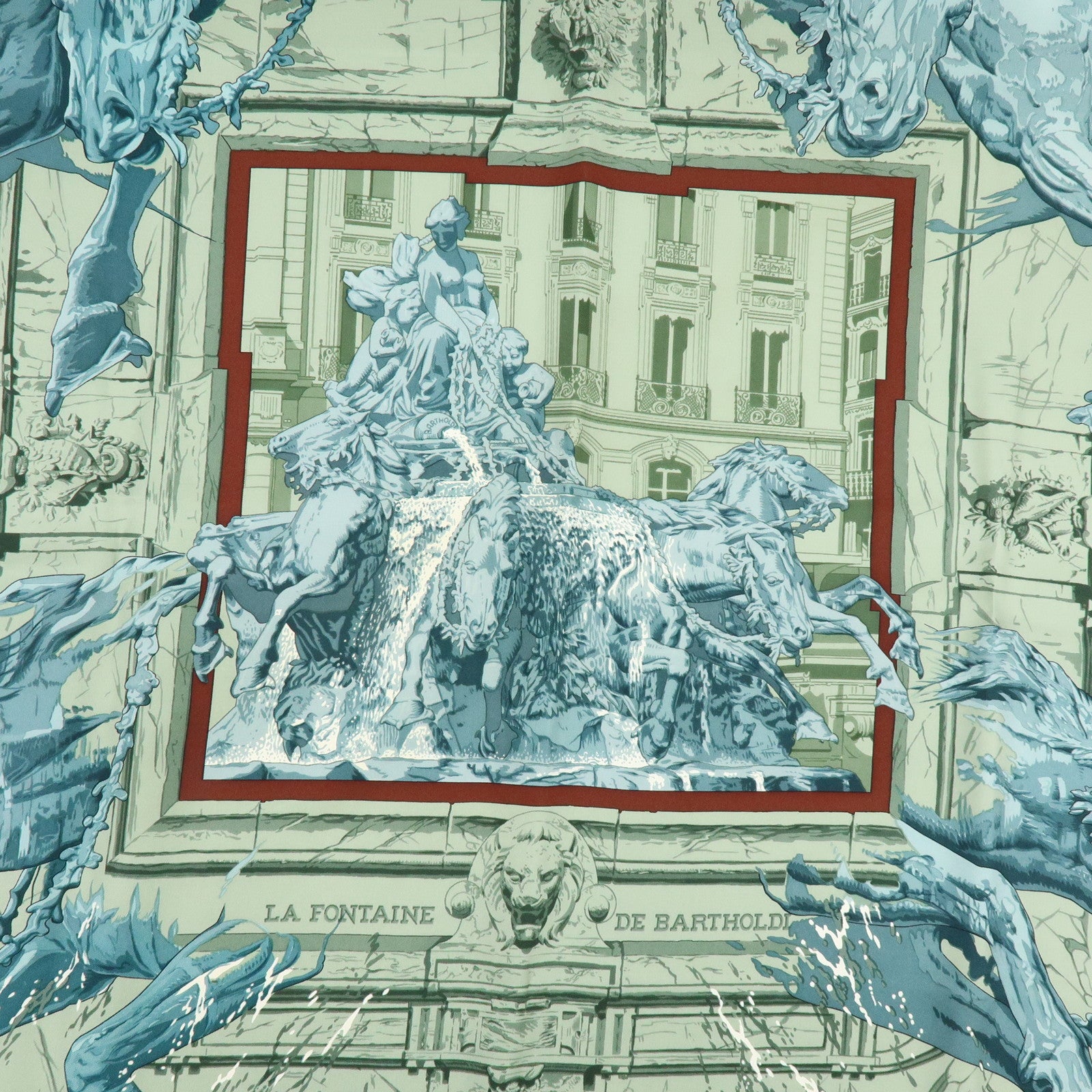 HERMES Carre 90 Silk 100% Scarf LA FONTAINE DE BARTHOLDI Gray Red