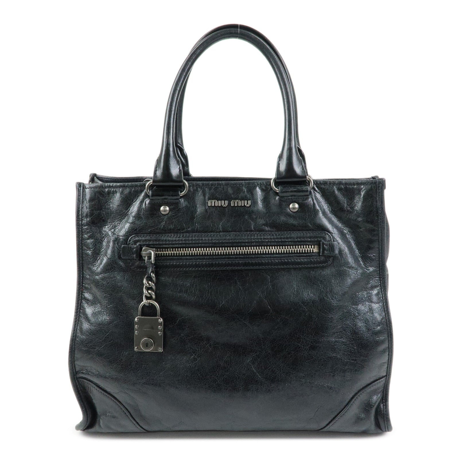 MIU MIU Leather Tote Bag Shoulder Bag Black Padlock Charm