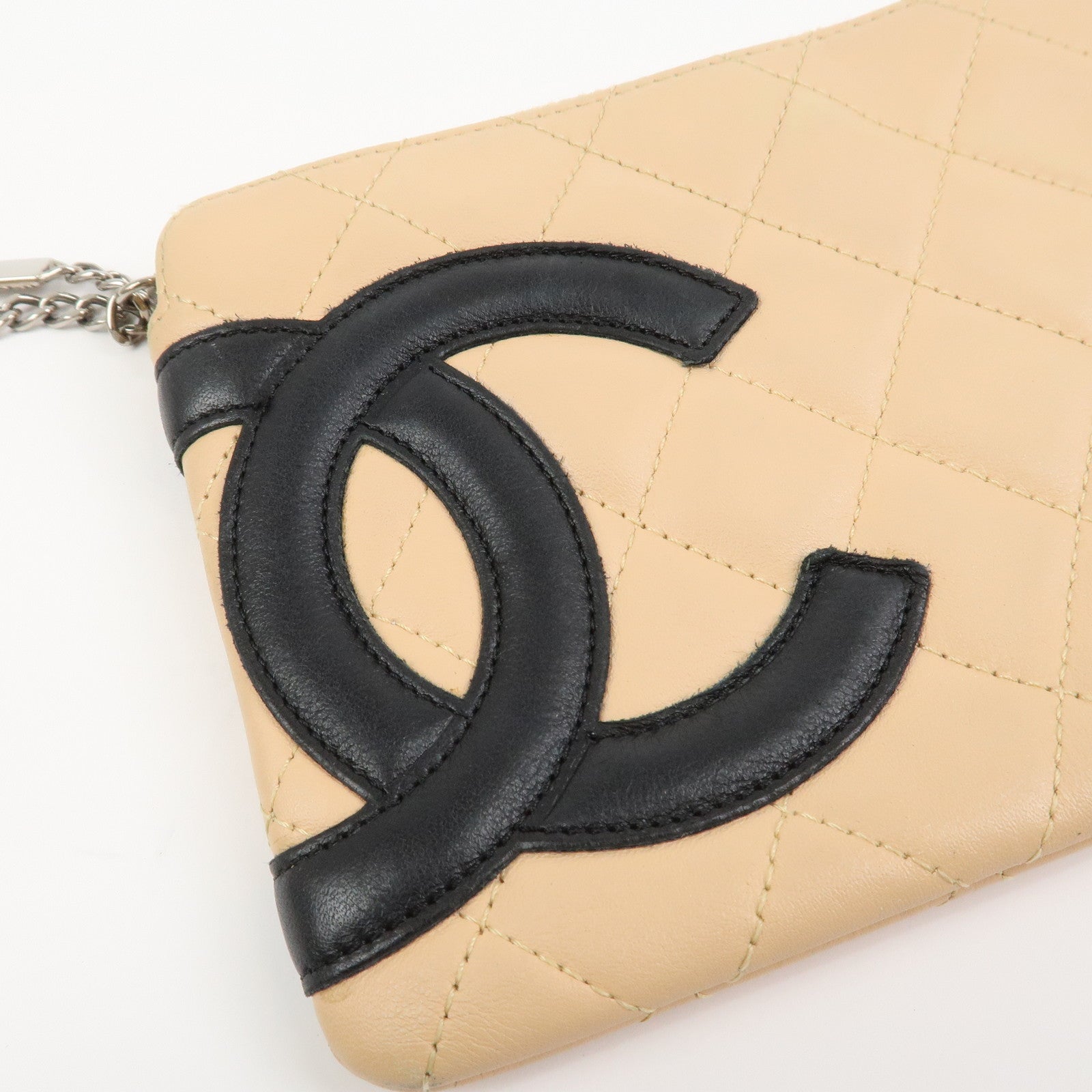 CHANEL Cambon Line Lamb Skin Cosmetic Pouch Makeup Bag Beige Black