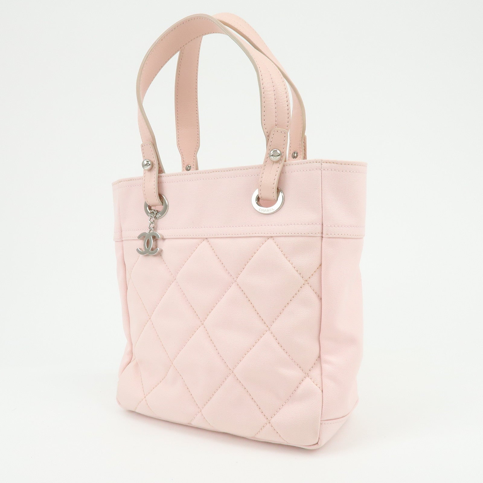 CHANEL Paris Biarritz PM Canvas Leather Tote Bag Pink A34208