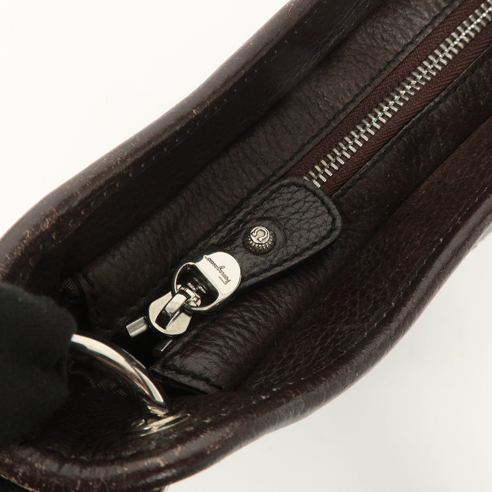 Ferragamo Gancini Leather Shoulder Bag Dark Brown Silver