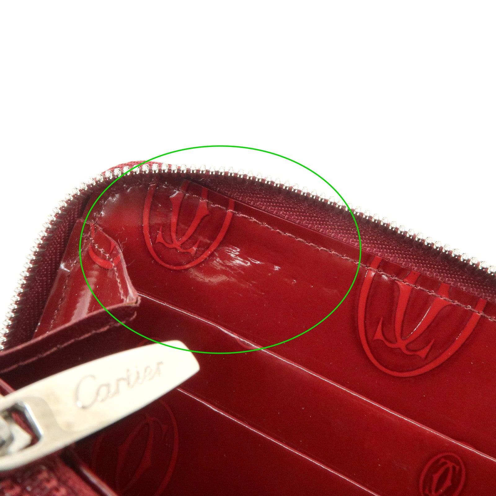 Cartier 2C Patent Leather Round Zippy Long Wallet Bordeaux Used