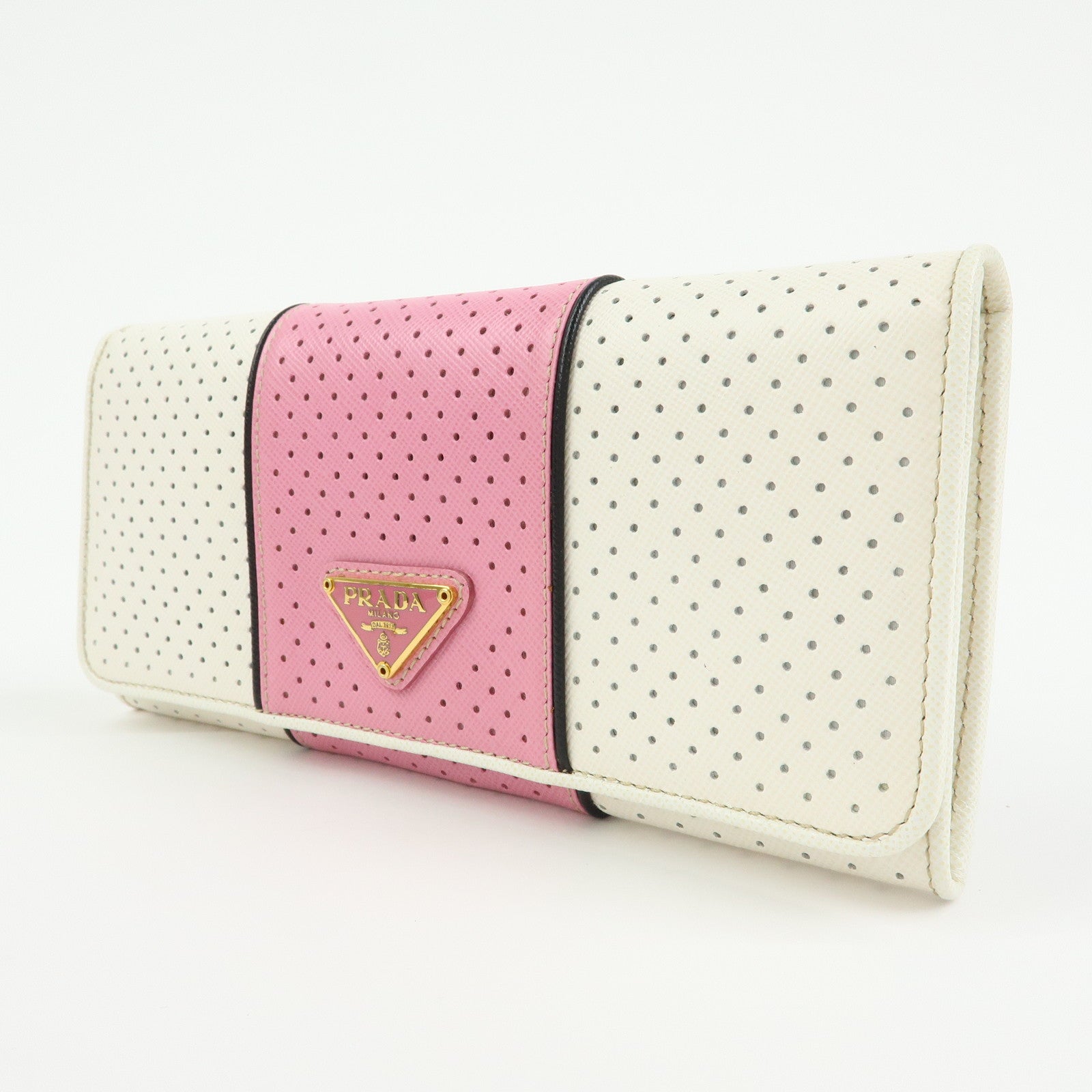 PRADA Triangle Logo Saffiano Leather Long Wallet White Pink 1M1132