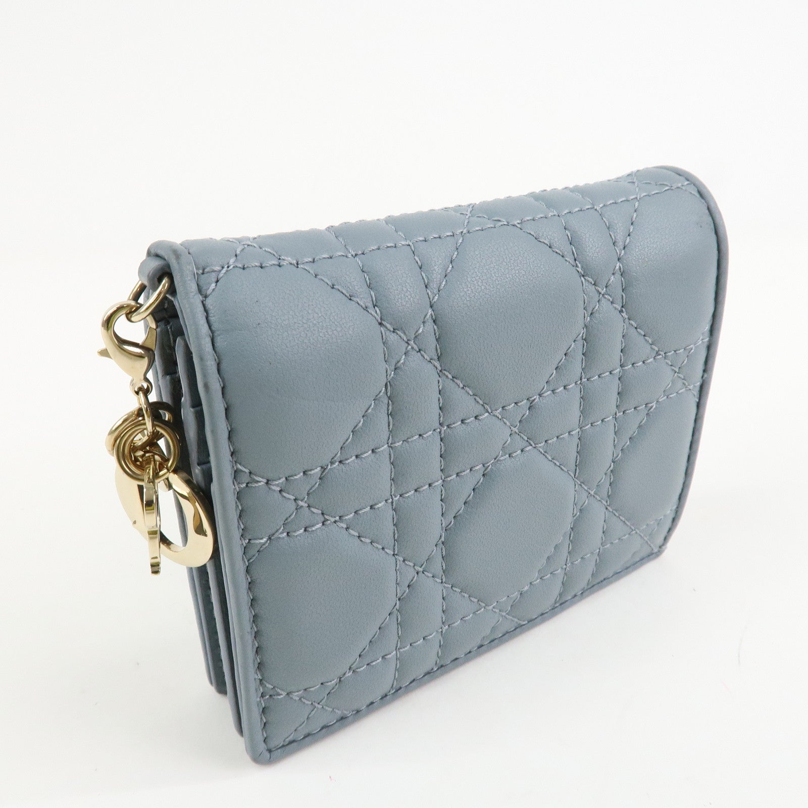 Christian Dior Cannage Leather Gardenia Wallet Gold Charm Blue Used