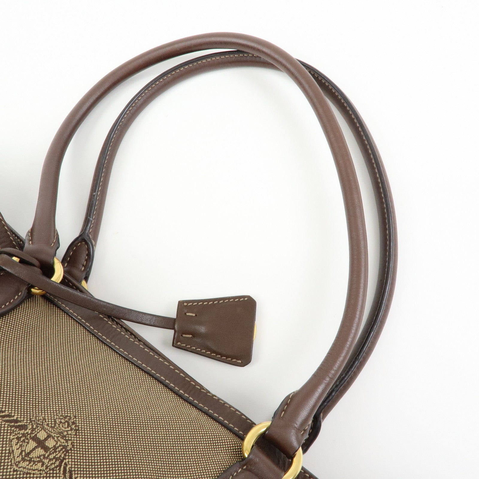 PRADA Triangle Logo Jacquard Leather Tote Shoulder Bag Beige Brown