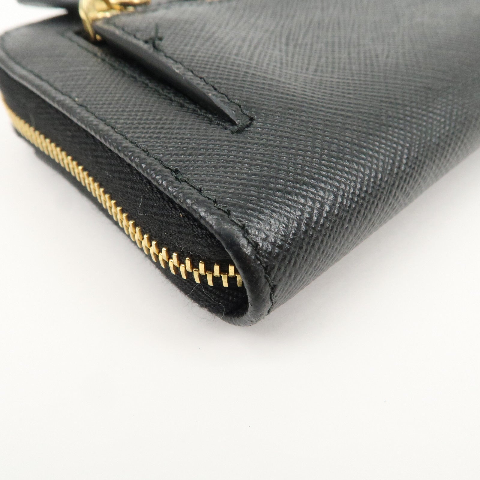 PRADA Triangle Logo Saffiano Leather Mini Wallet Key Ring Black 1PP122 Used