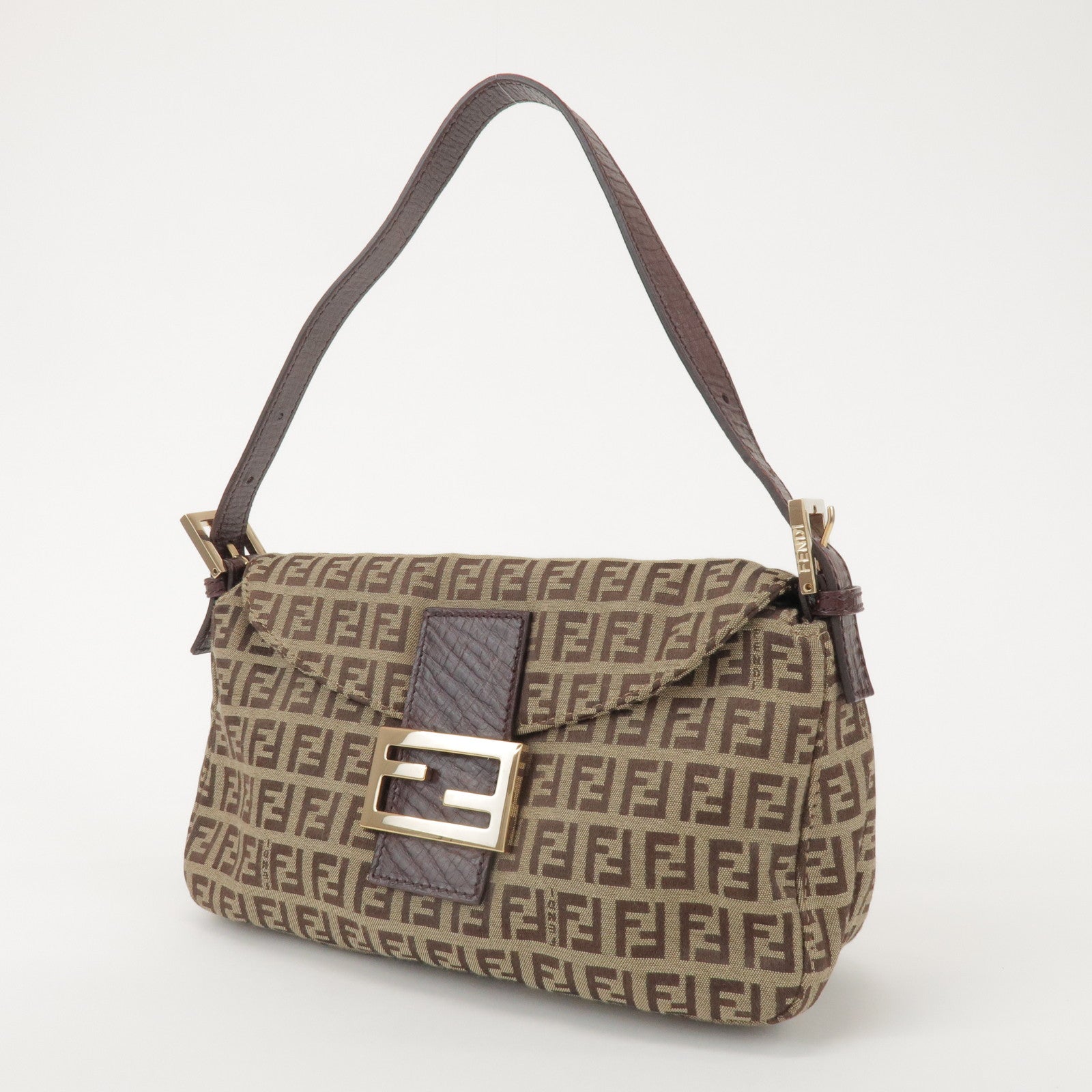 FENDI Zucchino Canvas Leather Hand Bag Brown Beige 8BR003