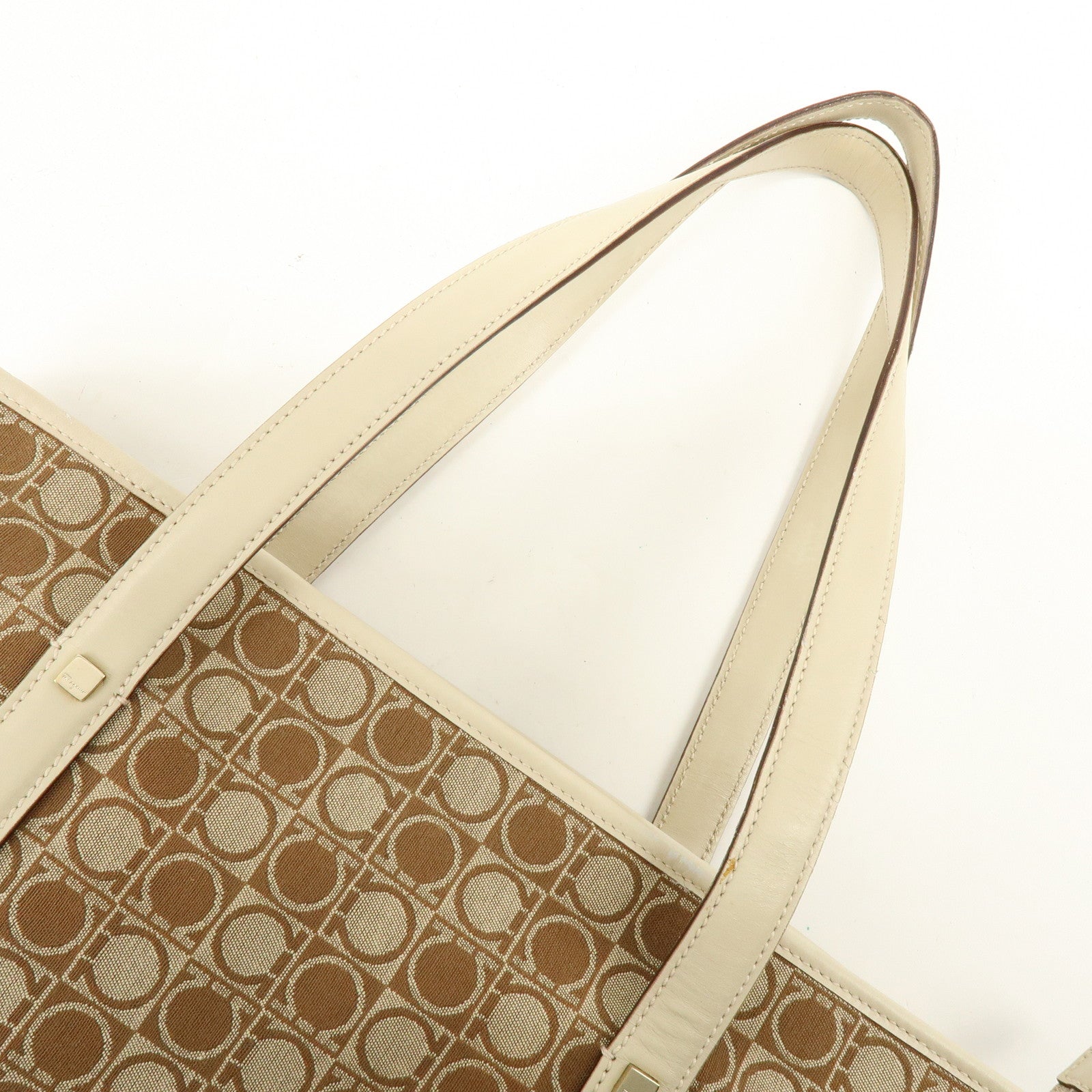 Ferragamo Gancini Canvas Leather Tote Bag Hand Bag Brown Beige