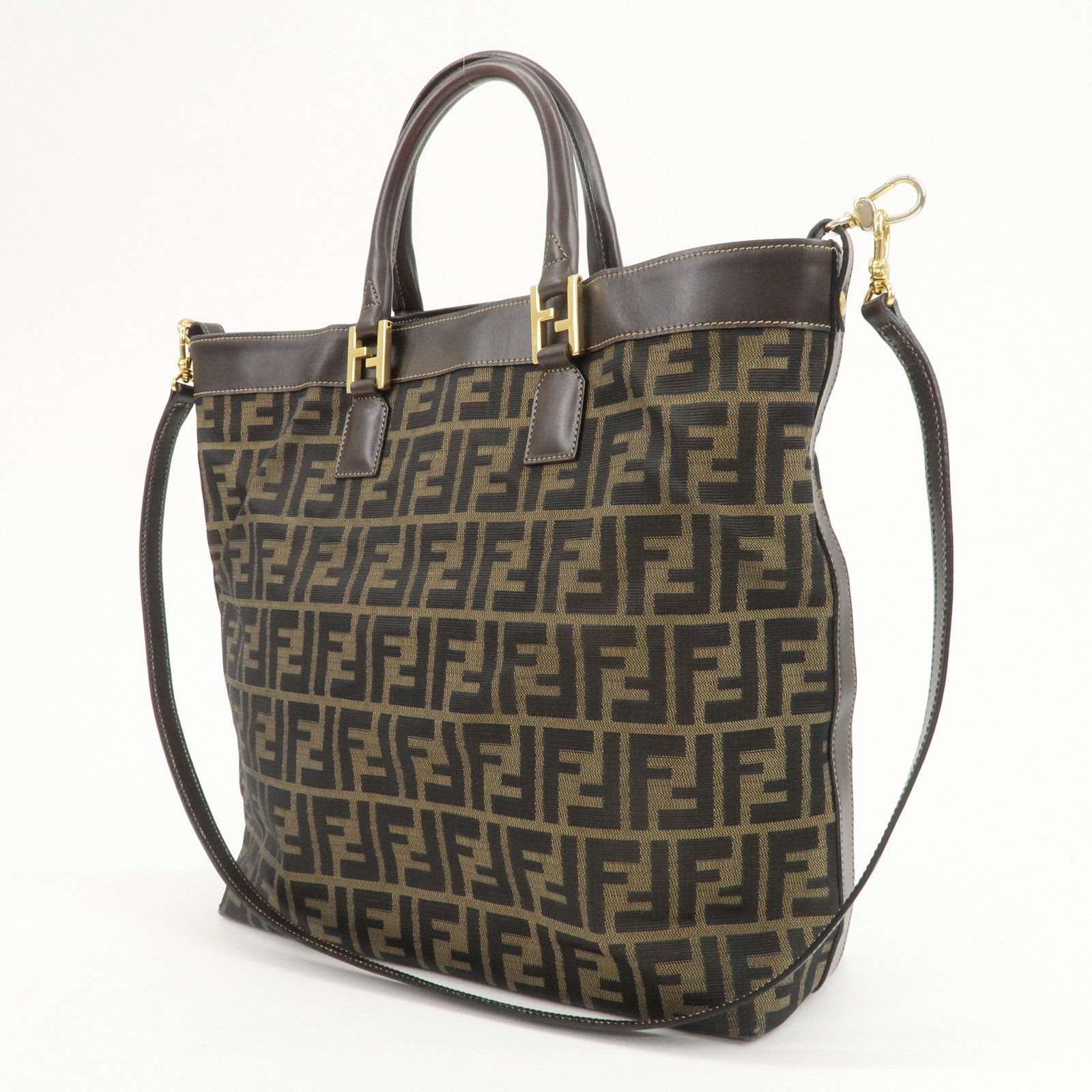 FENDI Zucca Canvas Leather 2Way Bag Hand Bag Shoulder Bag Brown