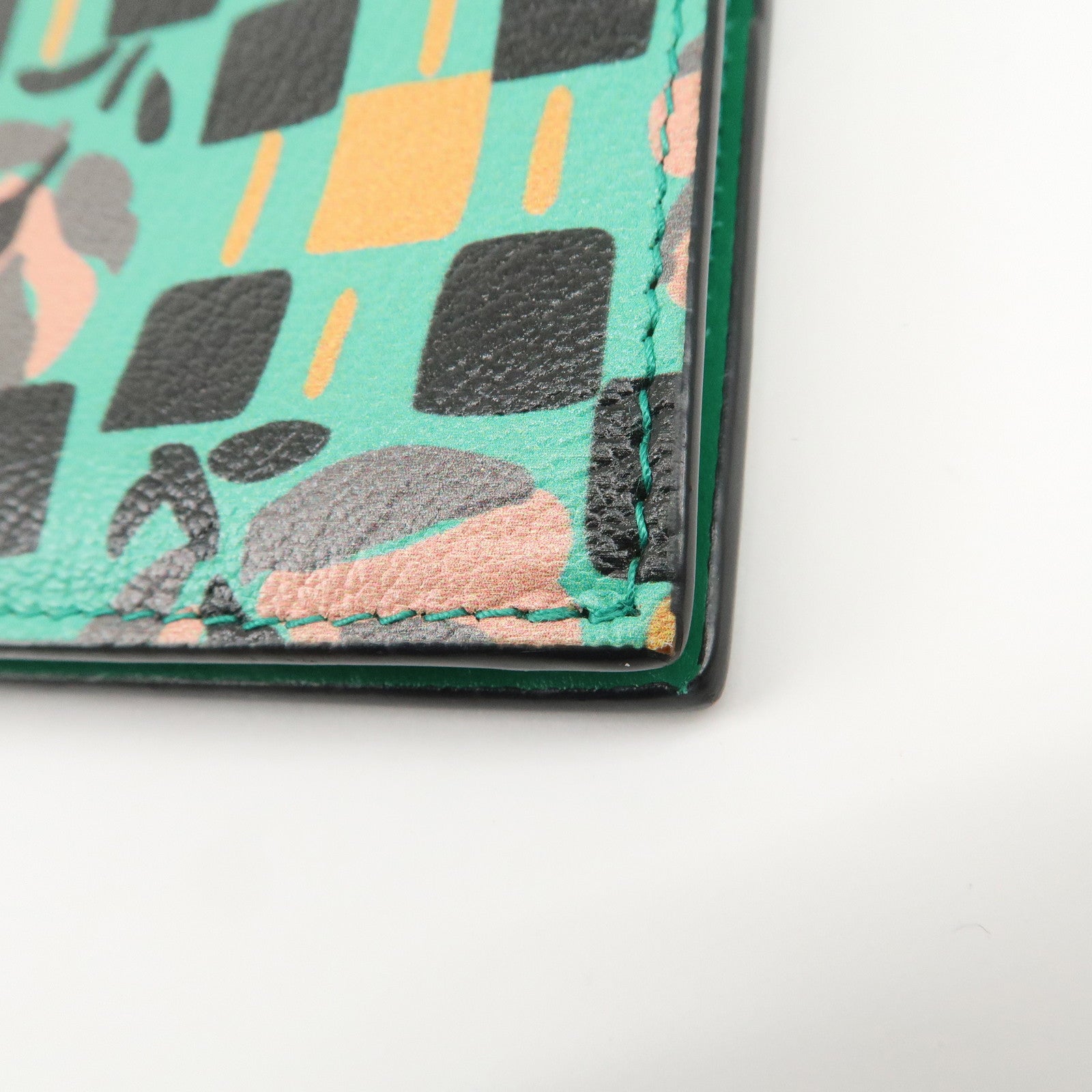 PRADA Leather Compact Wallet Floral Print Green Gold HDW 1MV204 Used