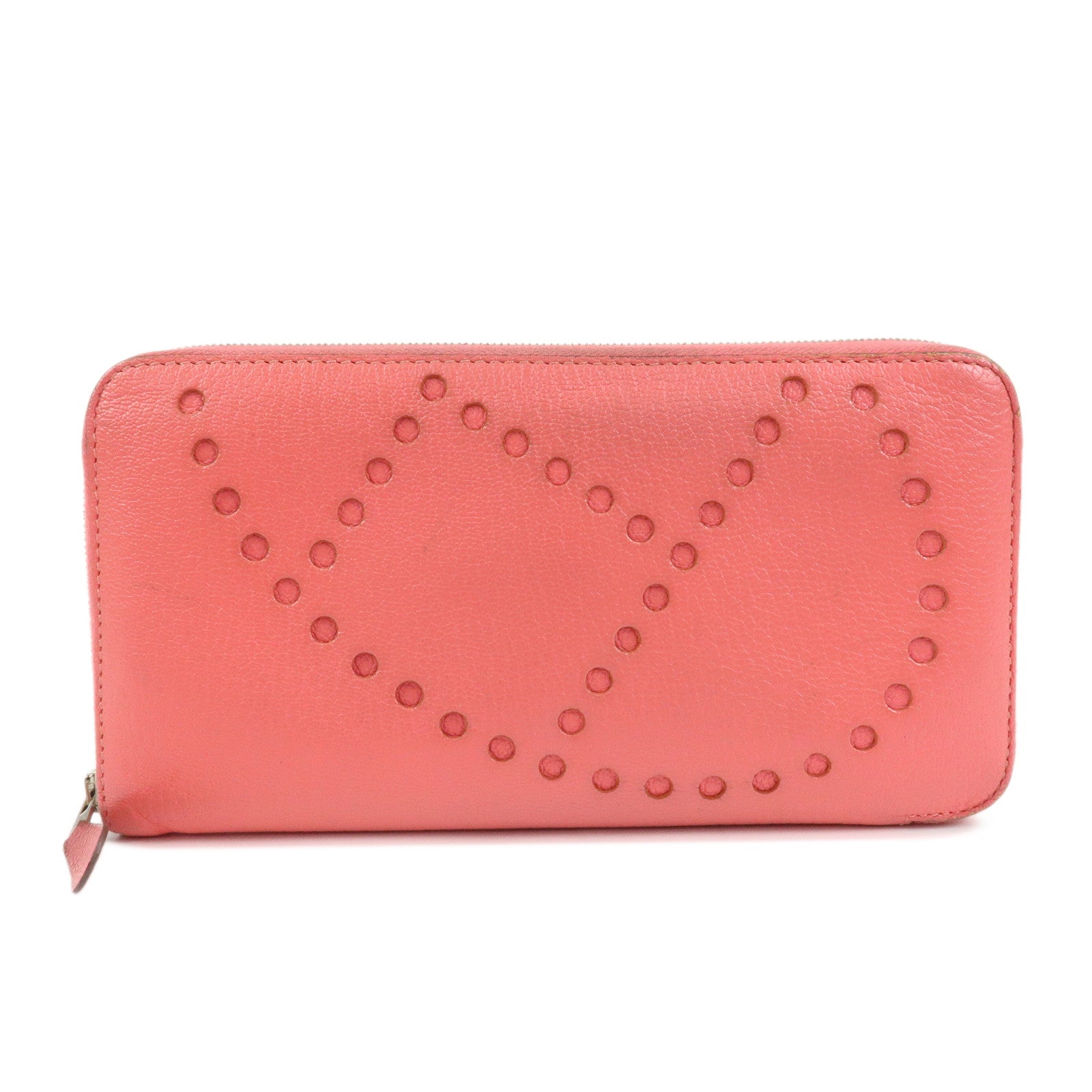 HERMES Evelyne Azap Leather 笆。P Stamped Round Zippy Long Wallet Pink