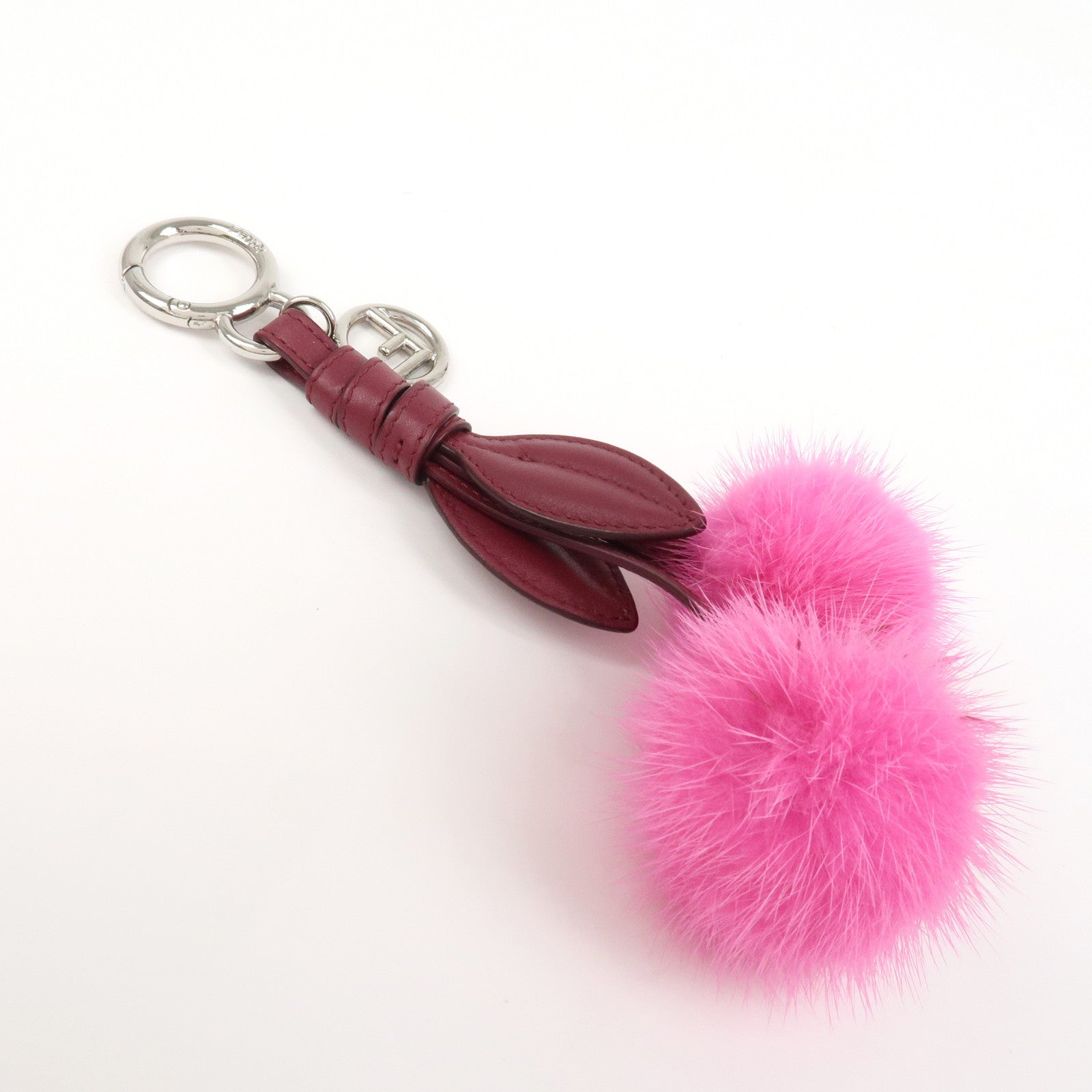 FENDI Logo Leather Fur Bag Charm Key Holder Pink 7AR642