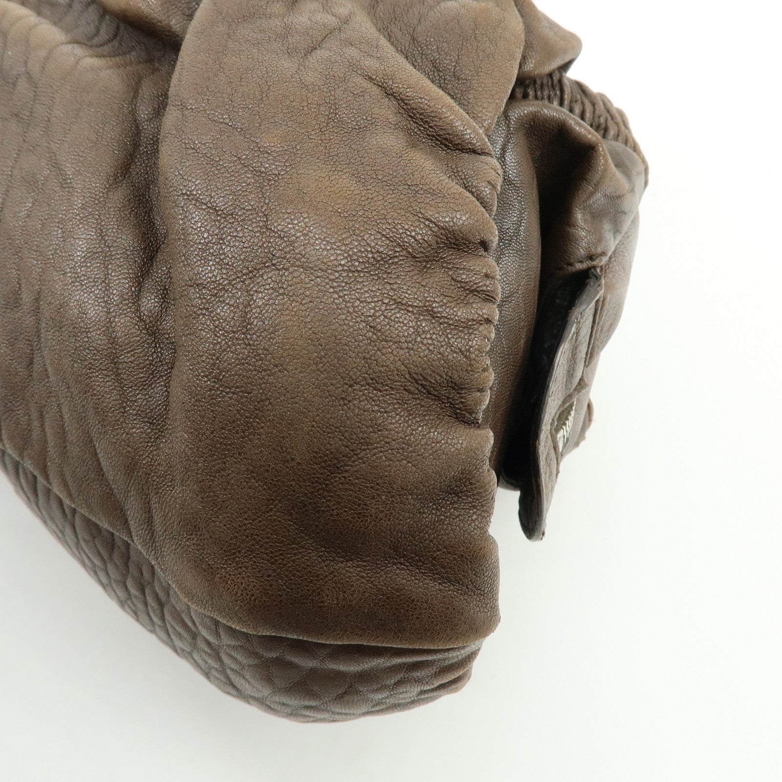 Christian Dior Embossed Gathered Leather Boston Bag Hand Bag Brown