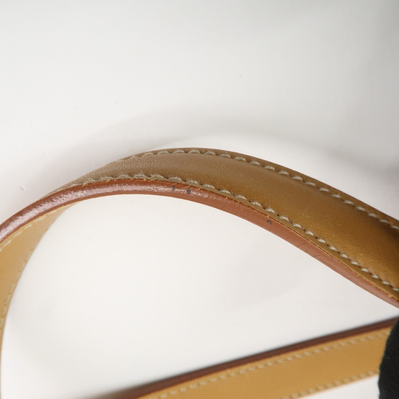 PRADA Logo Jacquard Leather Boston Bag Shoulder Bag Beige Used