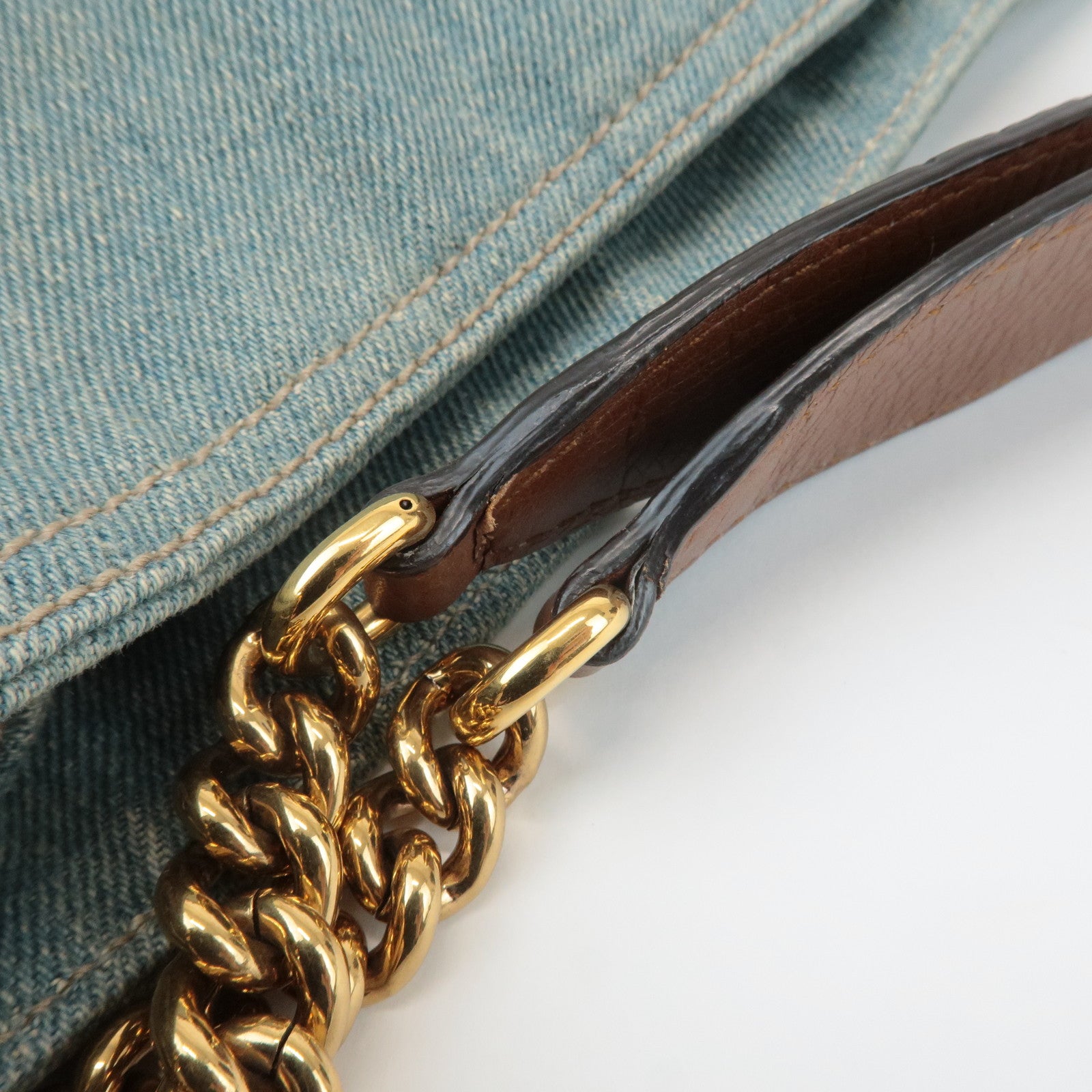 GUCCI SOHO Denim Leather Chain Shoulder Bag Fringe Charm Blue 308982 Used