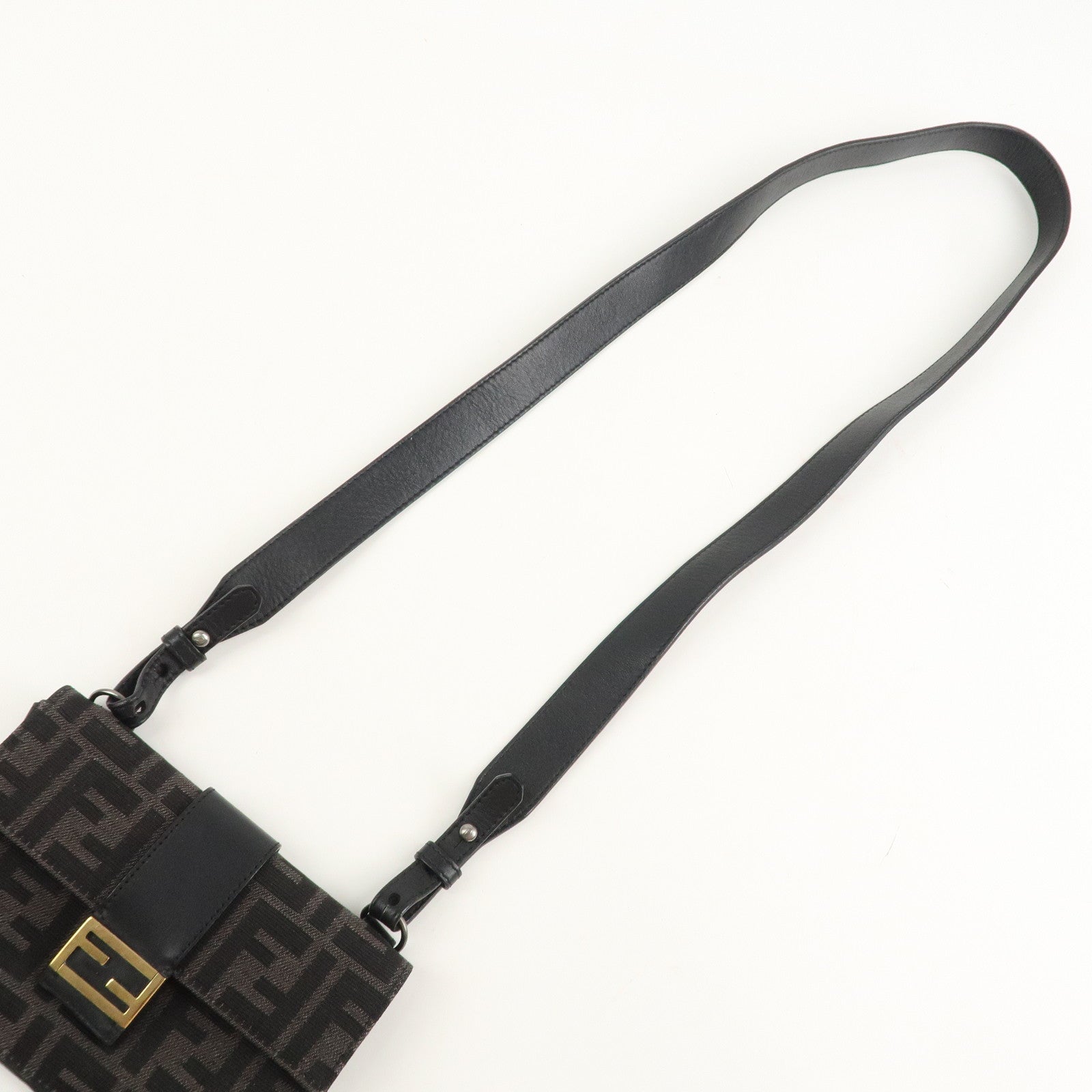 FENDI Zucca Leather Canvas Baguette Slim Clutch Bag Black 7M0295 Used