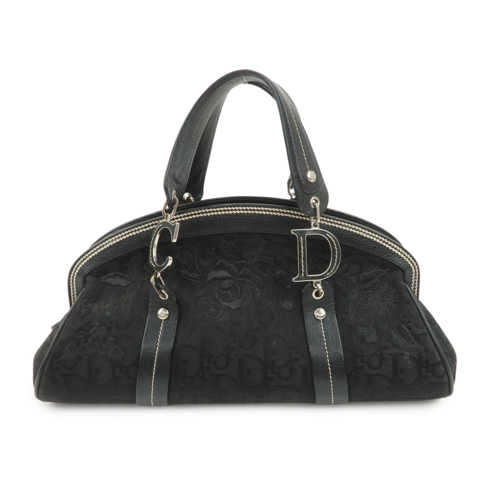 Christian Dior Trotter CD Logo Canvas Leather Hand Bag Black