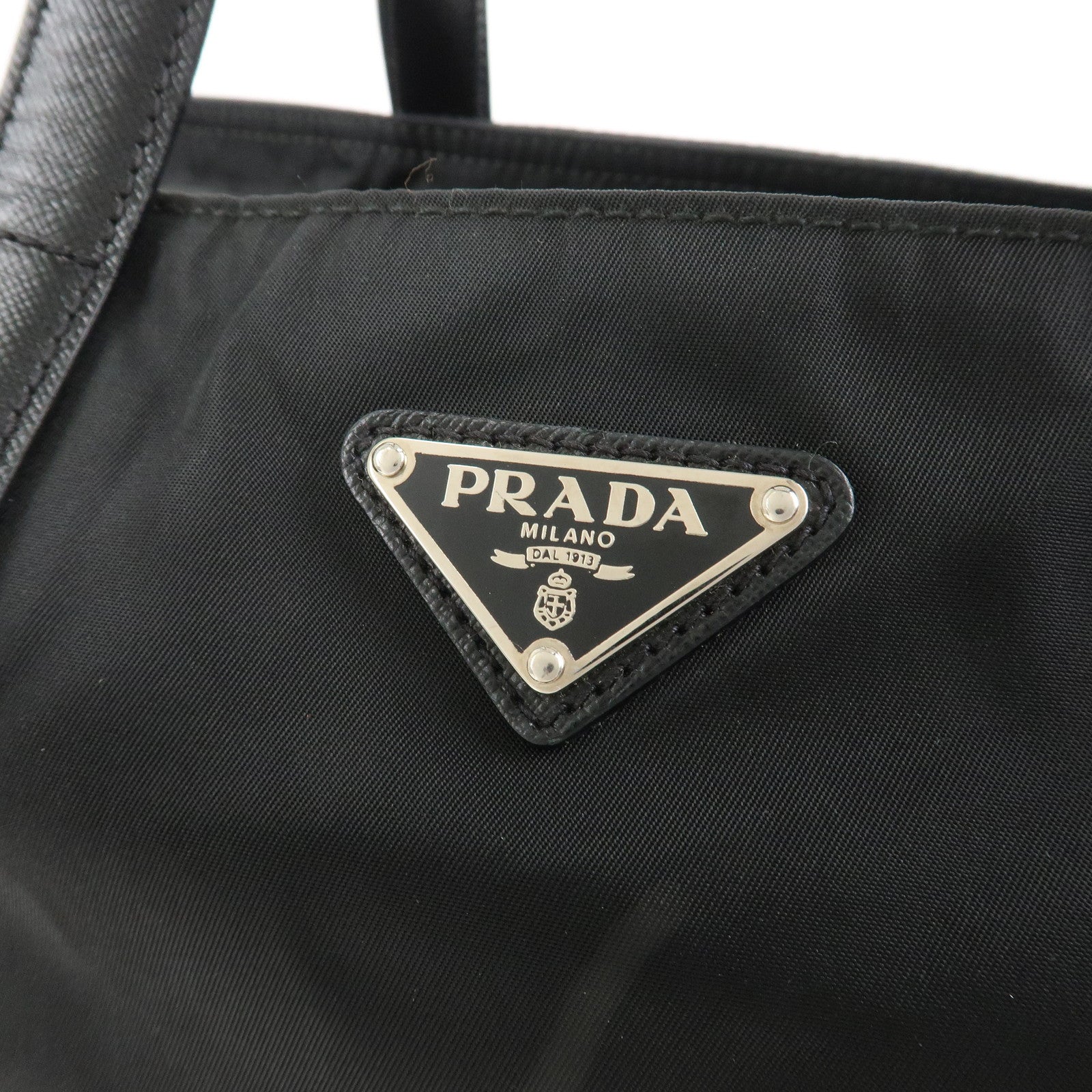 PRADA Triangle Logo Nylon Saffiano Leather Tote Shoulder Bag Black