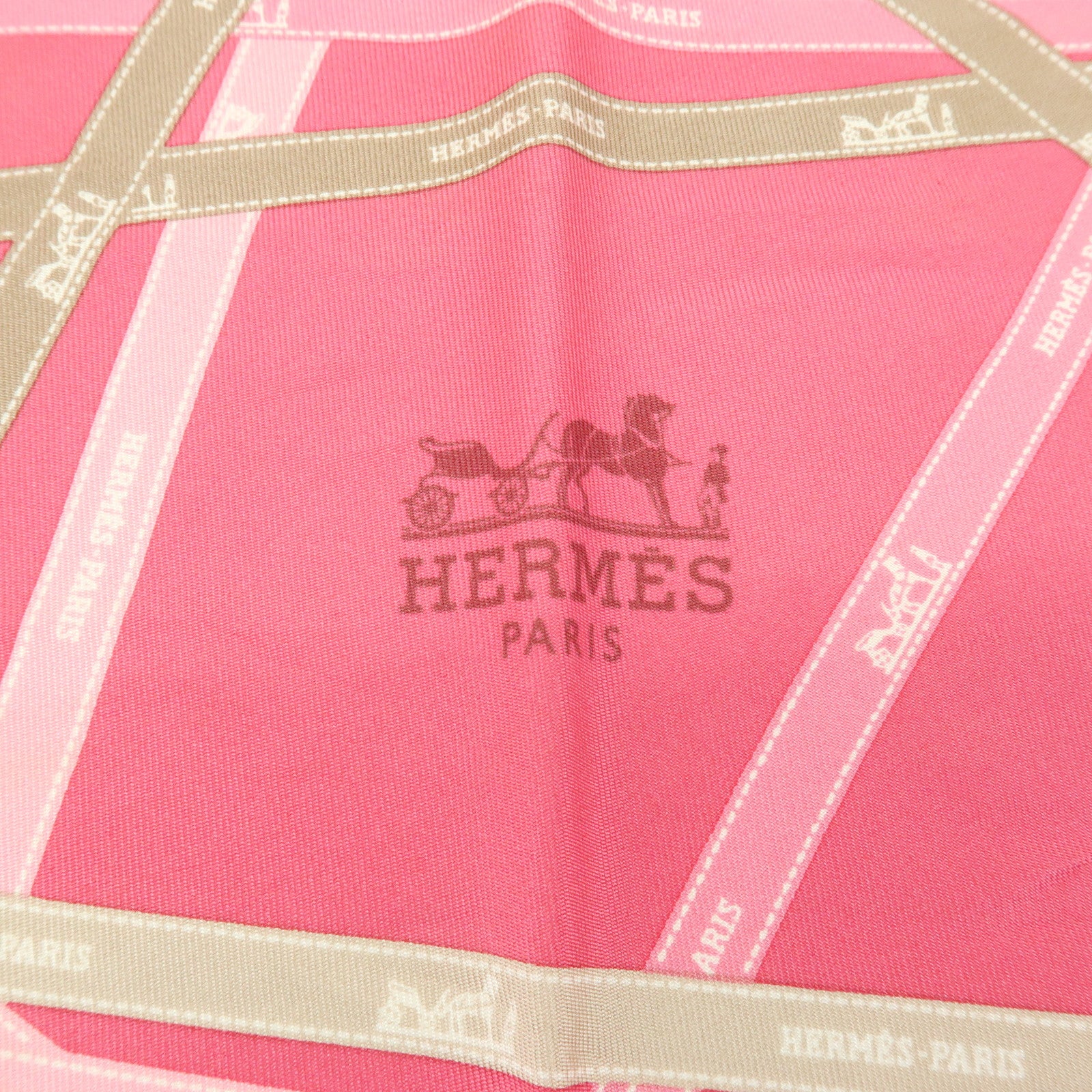 HERMES Pointu Silk 100% Scarf Ribbon Print Pink Beige