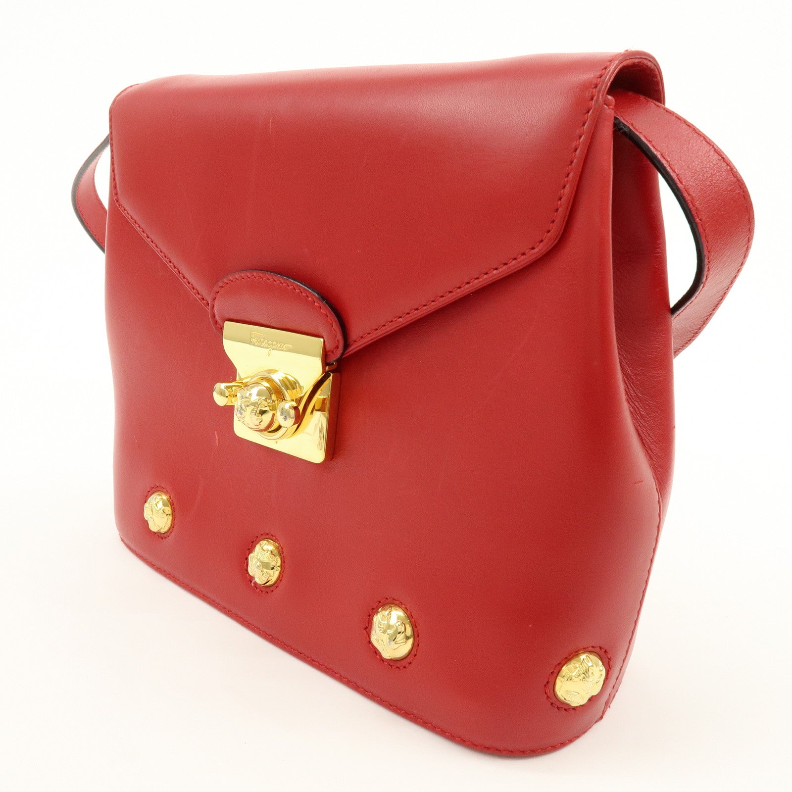 Ferragamo Leather Studs Shoulder Bag Red