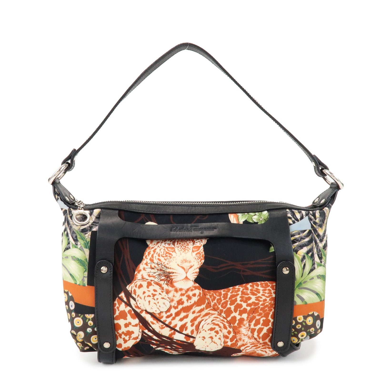 Ferragamo Nylon Leather Shoulder Bag Black Multicolor Animal