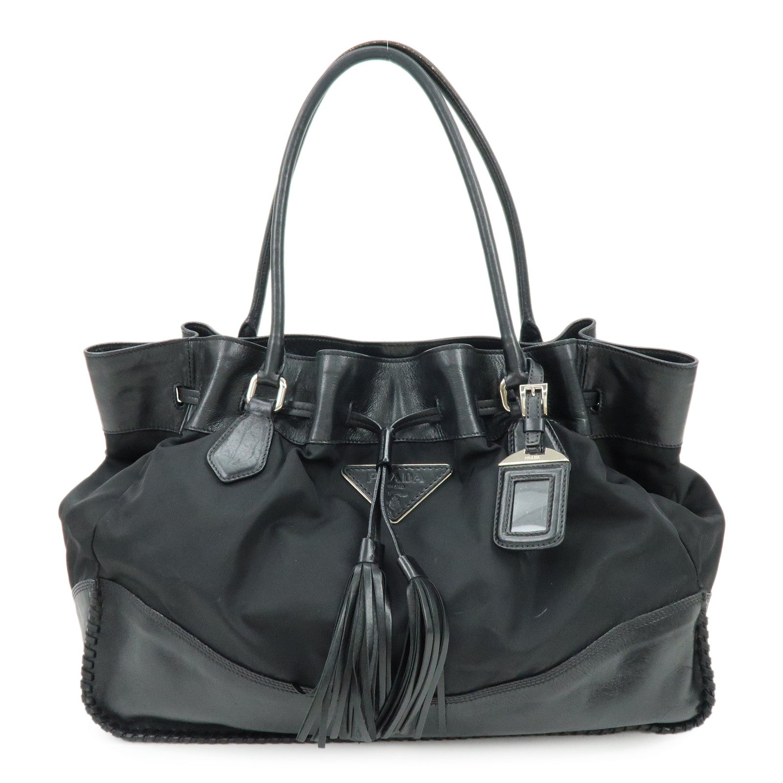 PRADA Triangle Logo Nylon Leather Tote Bag Hand Bag Black BR3616