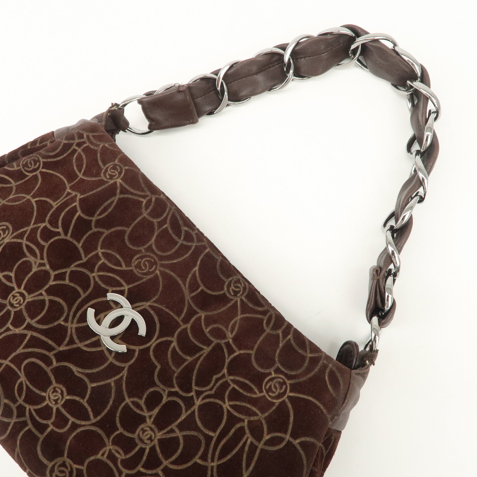 CHANEL Cameria Suede Shoulder Bag Brown Silver Hardware Used