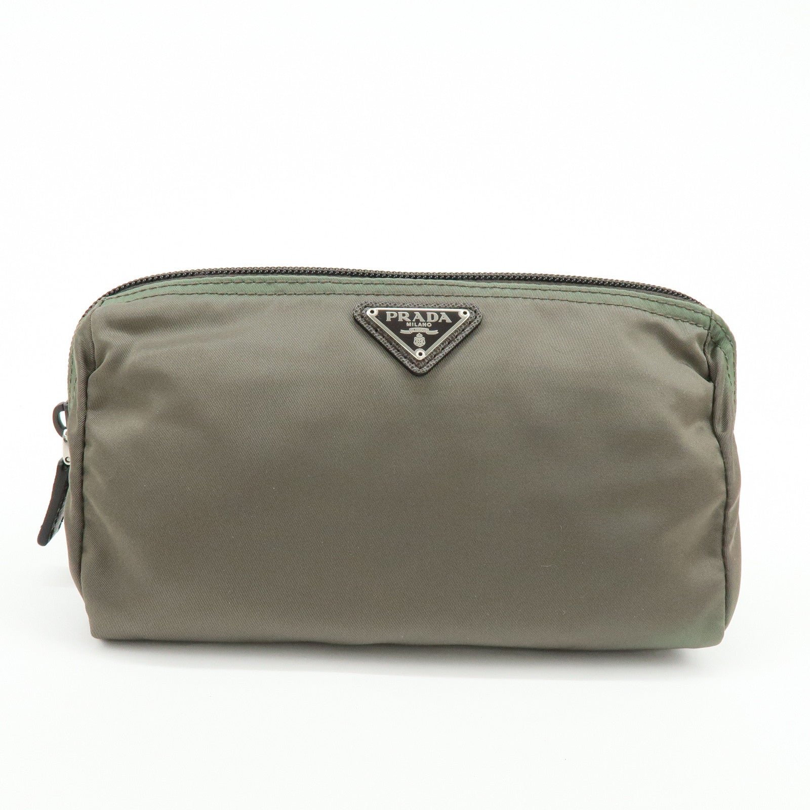 PRADA Triangle Logo Set of 2 Nylon Pouch Cosmetic Pouch Red Khaki