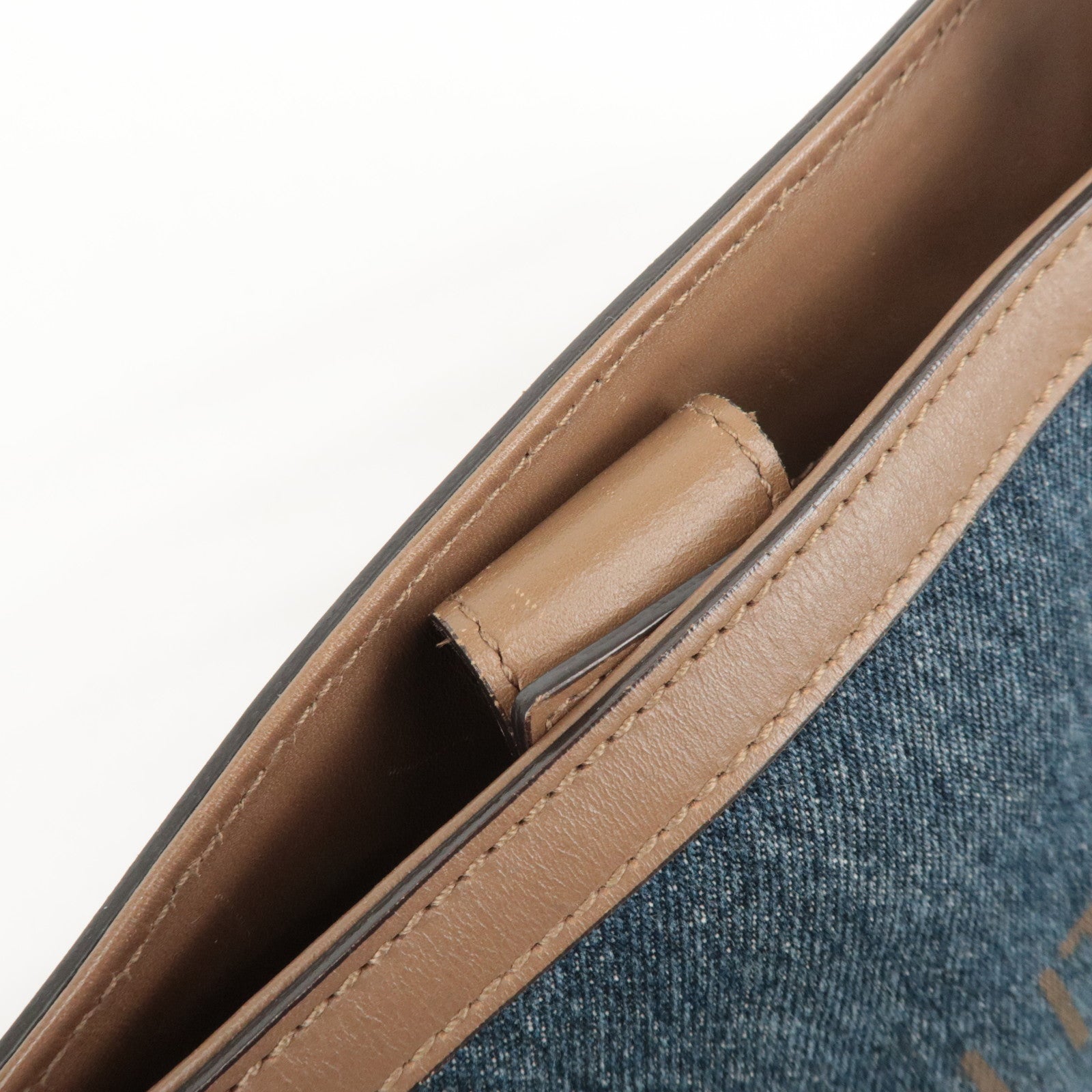 GUCCI Craft Denim Leather Tote Bag Hand Bag Navy Brown 348715 Used