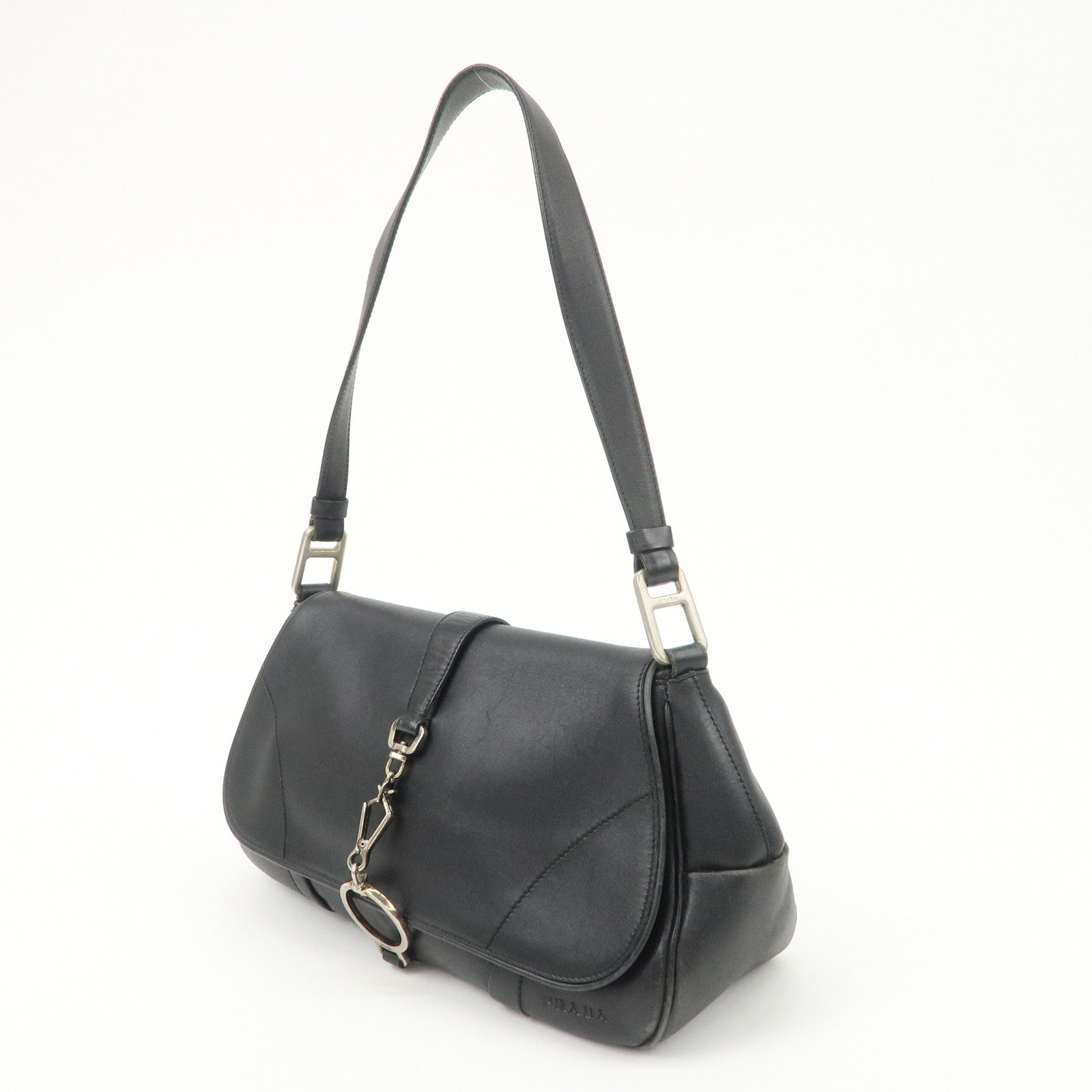 PRADA Leather Shoulder Bag Hand Bag Black
