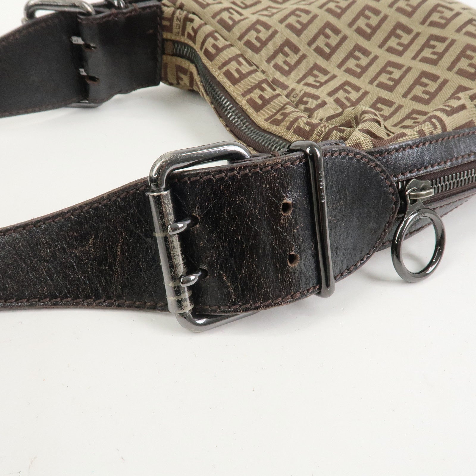 FENDI Zucchino Canvas Leather Shoulder Bag Hand Bag Brown