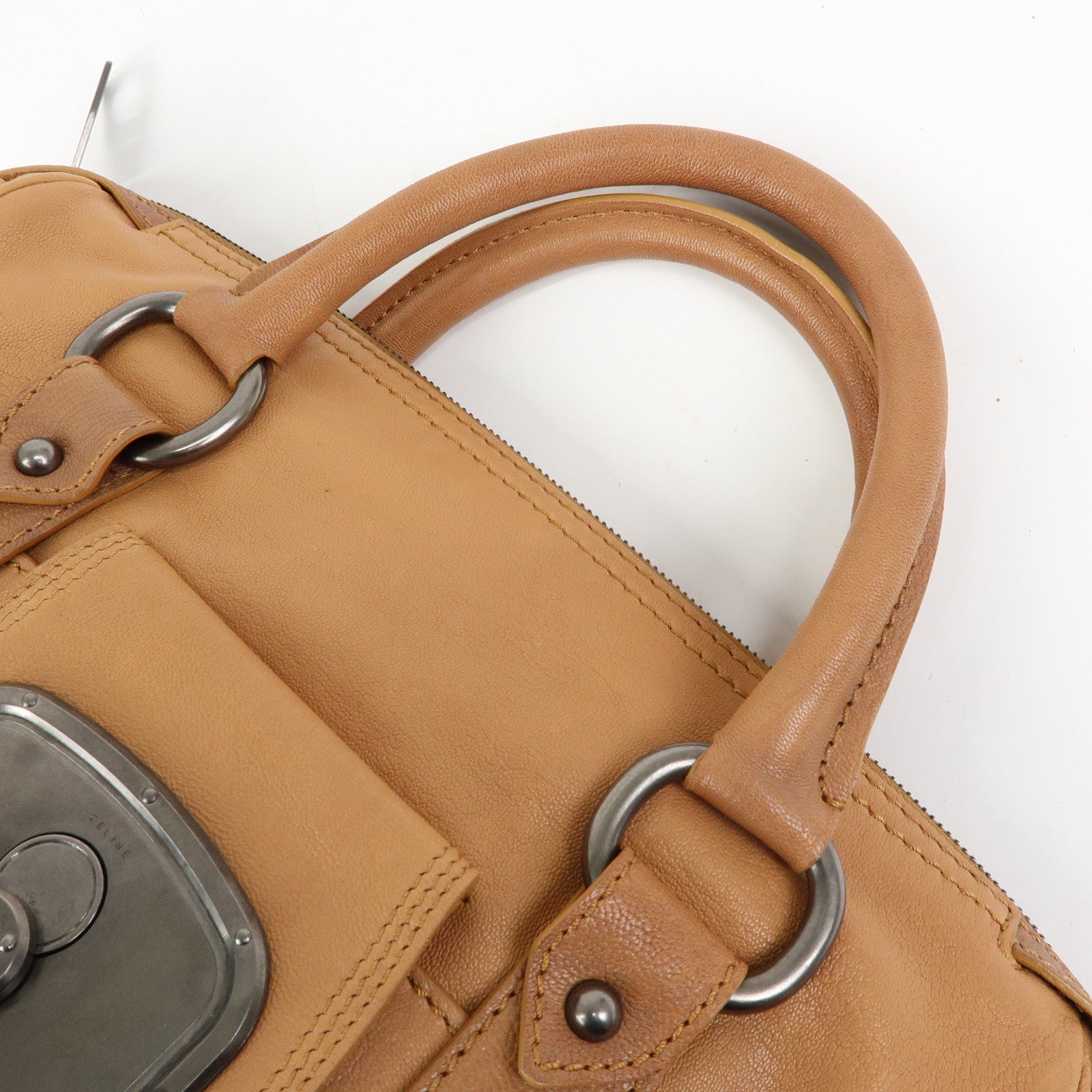 CELINE Logo Leather Hand Bag Boston Bag Hand Bag Brown