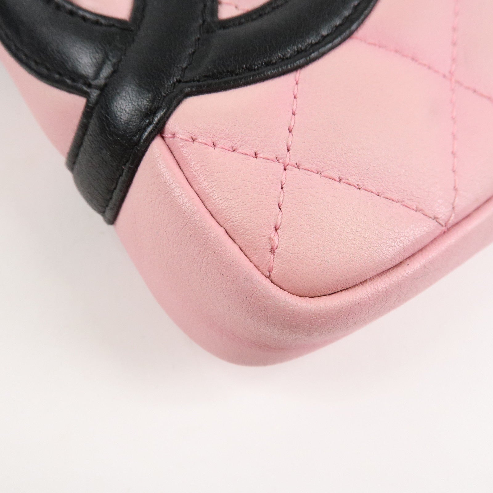 CHANEL Cambon Lamb Skin Small Pochette Shoulder Bag Pink Black A25177 Used