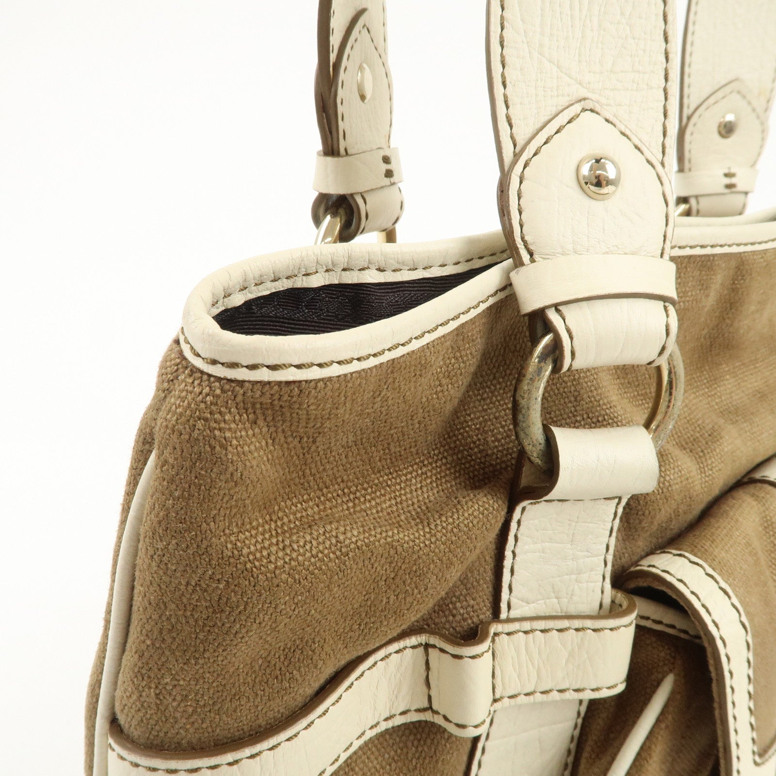 CELINE Logo Canvas Leather Tote Bag Shoulder Bag Brown Ivory