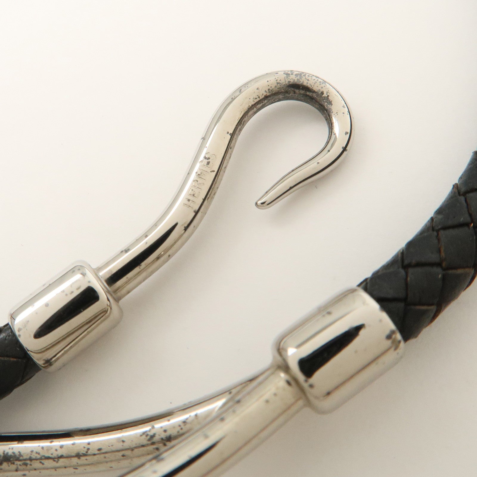 HERMES Leather Jumbo Choker Bracelet Black Silver HDW