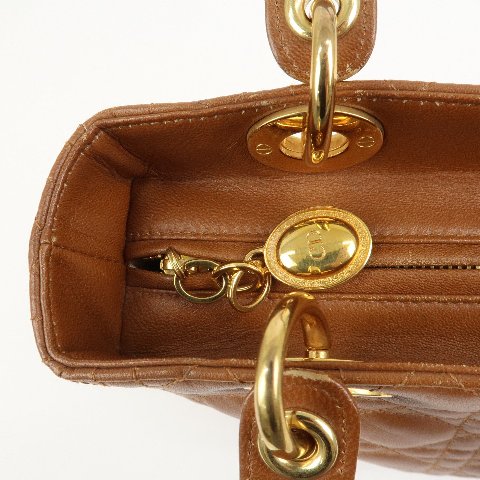 Christian Dior Canage Lady Dior Lamb Skin Hand Bag Tote Bag Brown