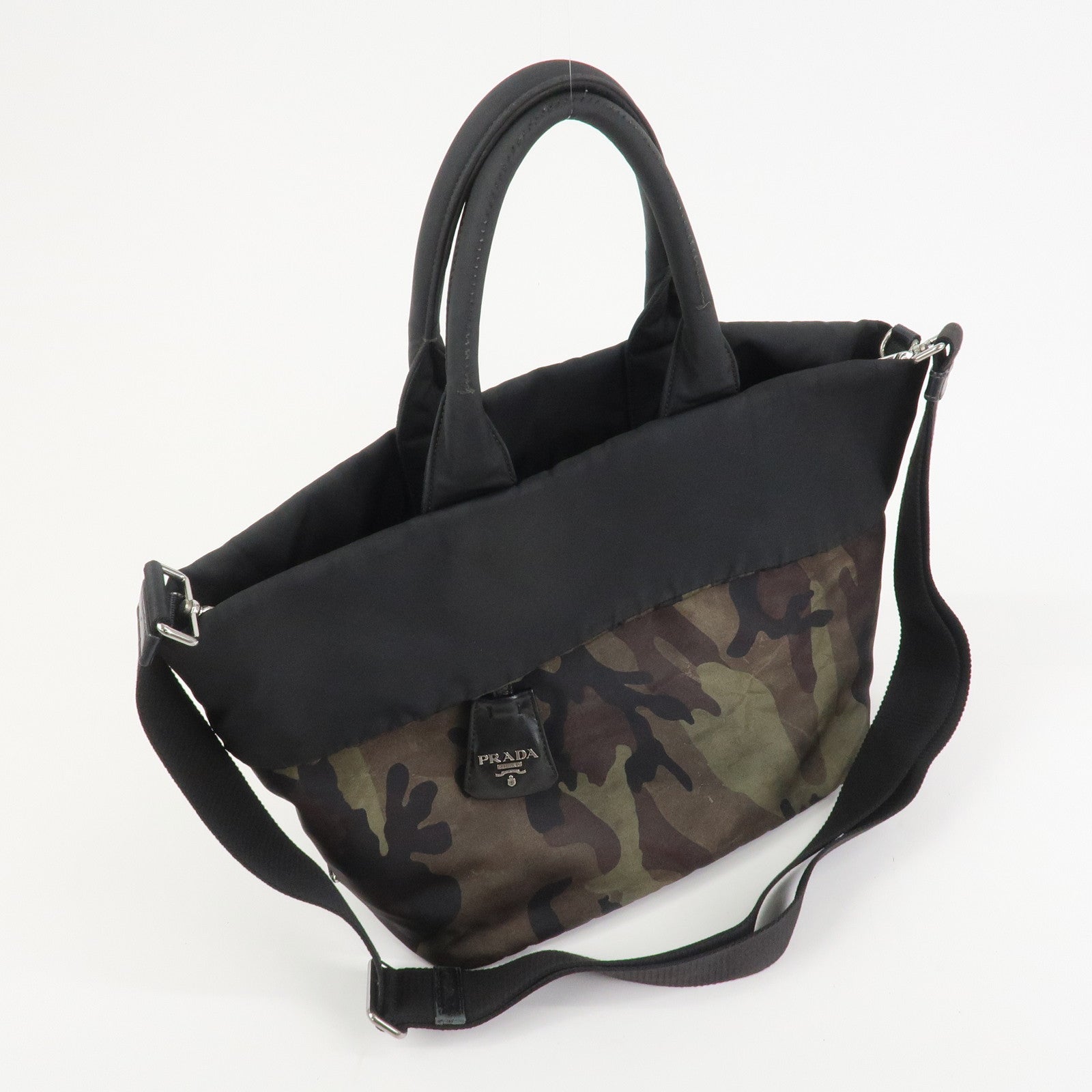 PRADATriangle Logo Nylon 2Way Hand Shoulder Bag Black Khaki BN1959