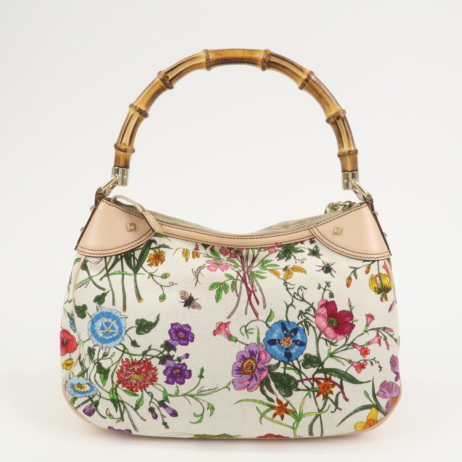 GUCCI Bamboo Canvas Leather Shoulder Bag Flora Ivory Pink 137383