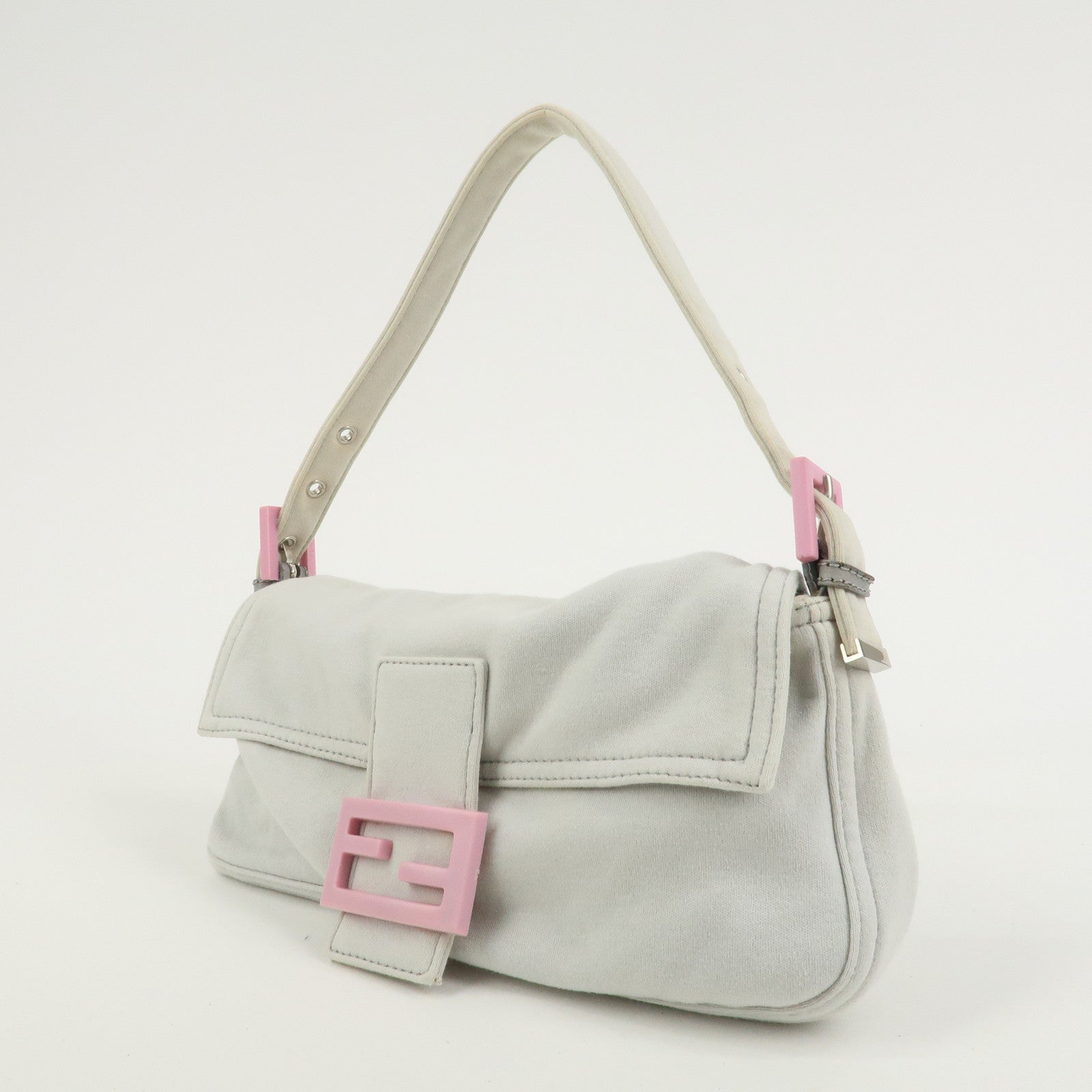 FENDI Mamma Baguette Cotton Shoulder Bag Hand Bag Gray Pink