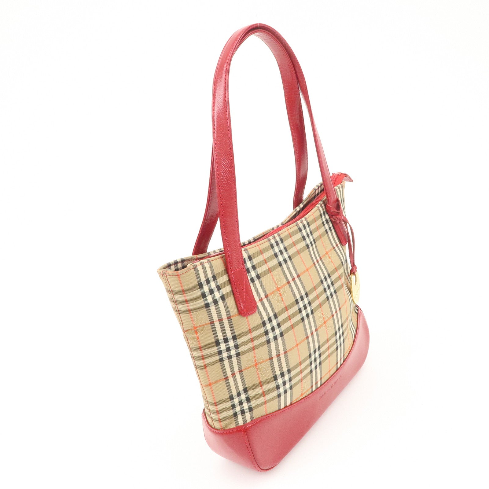 BURBERRY Leather Canvas Tote Bag Hand Bag Nova Plaid Red Beige Used