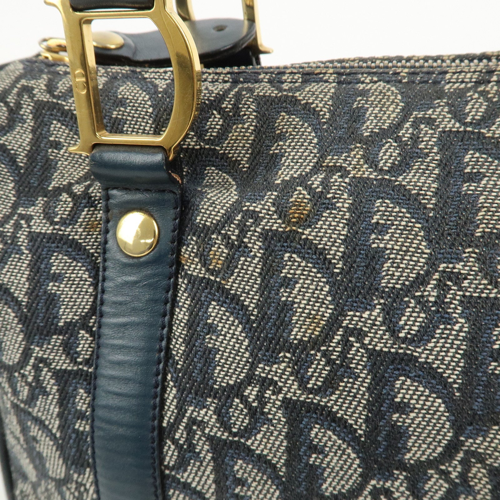Christian Dior Oblique Canvas Leather Boston Bag Hand Bag Navy