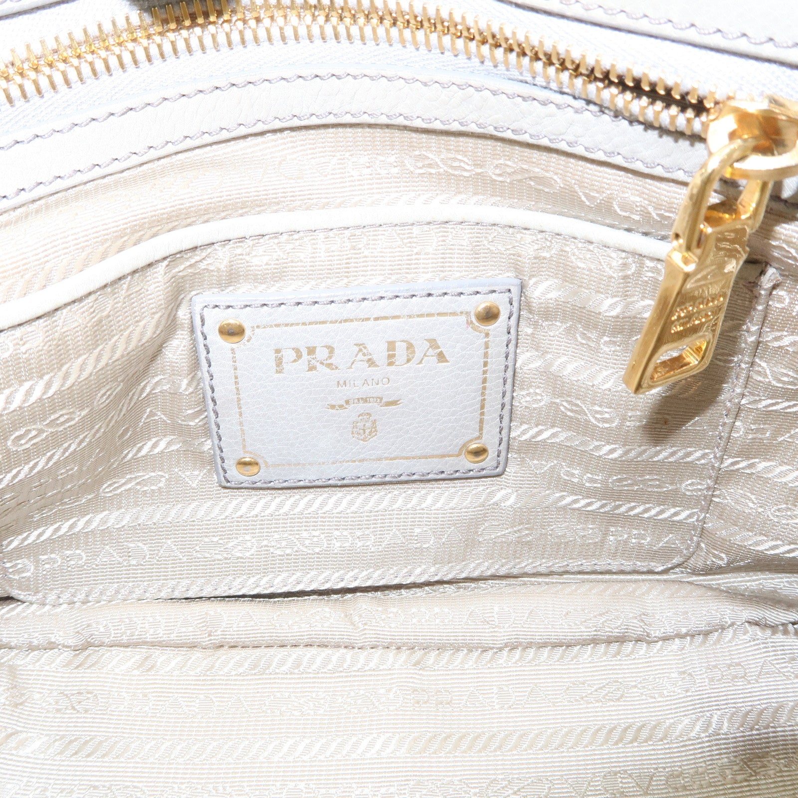 PRADA Logo Ribon Leather 2WAY Tote Bag Hand Bag Beige Gold HDW BN2245 Used