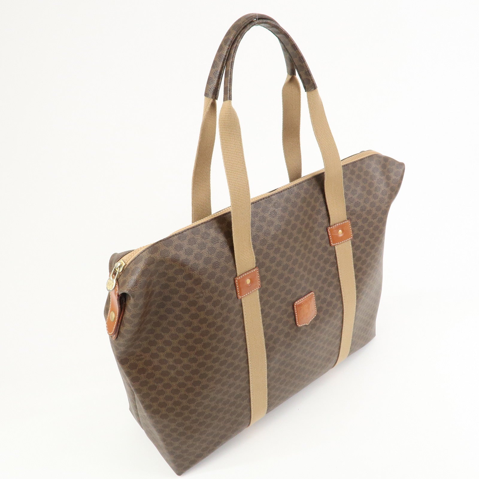 CELINE Macadam PVC Canvas Leather Boston Bag Hand Bag Brown