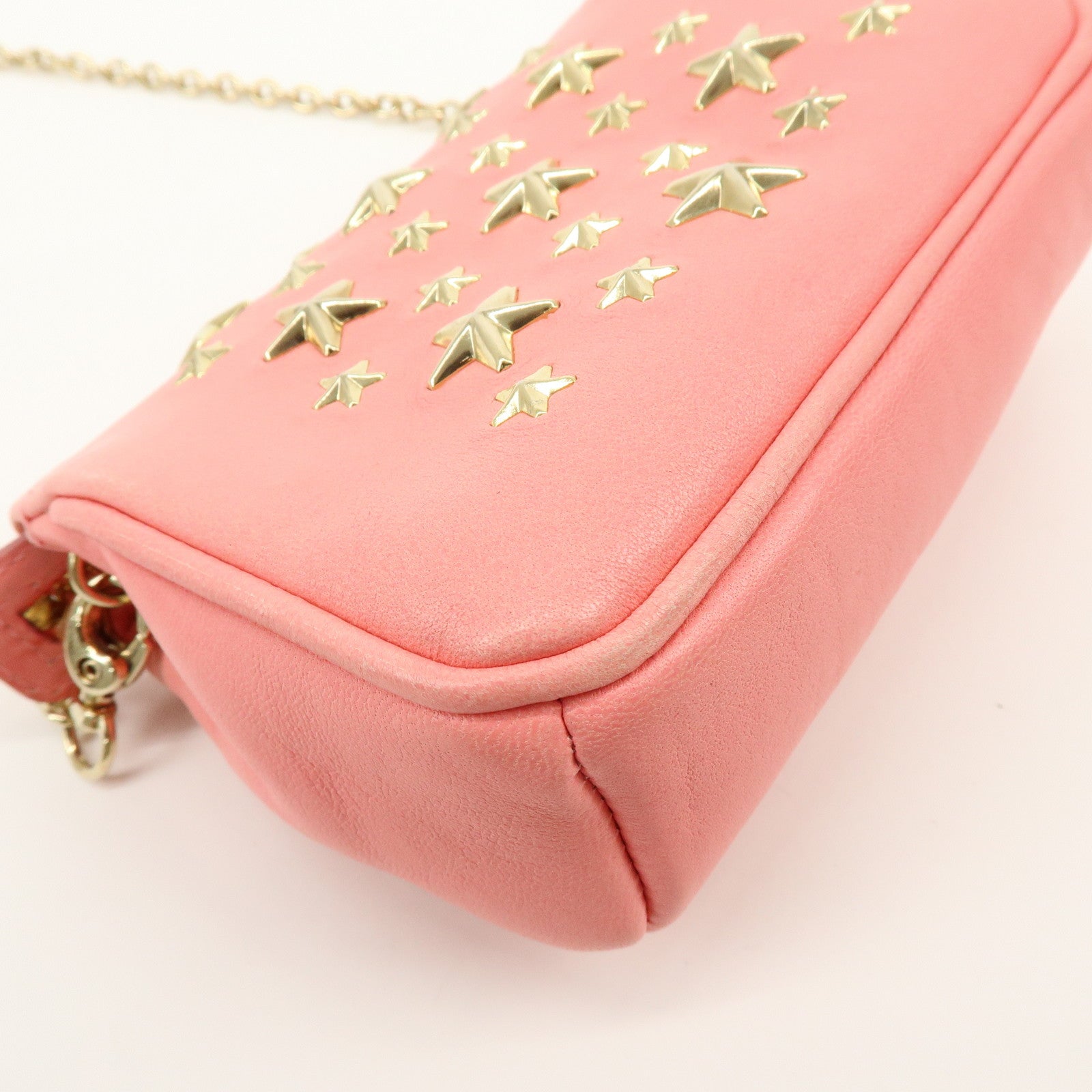 JIMMY CHOO Studs Leather Chain Shoulder Bag Crossbody Bag Pink