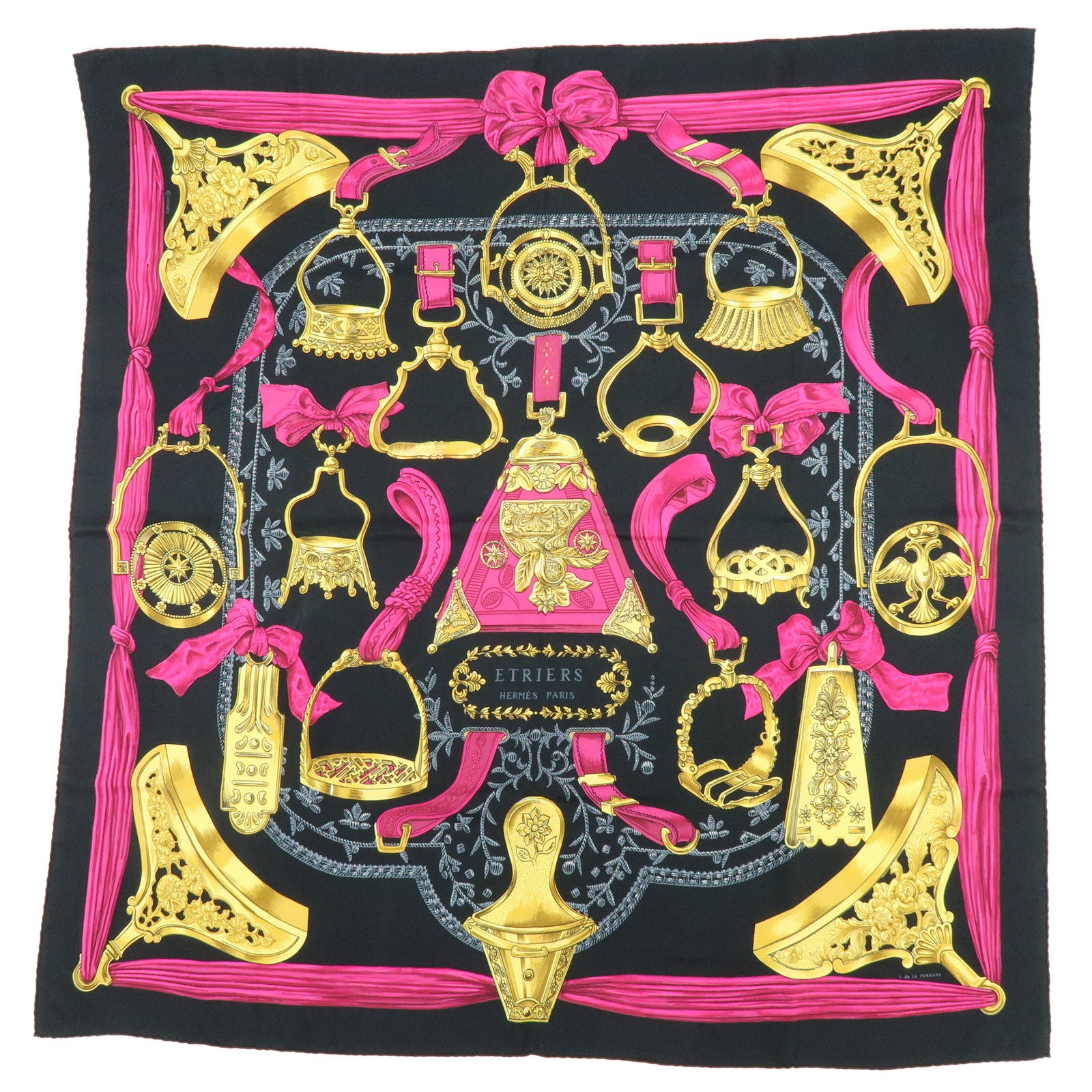 HERMES Carre 90 Silk 100% Scarf ETRIERS Stirrup Print Black Pink