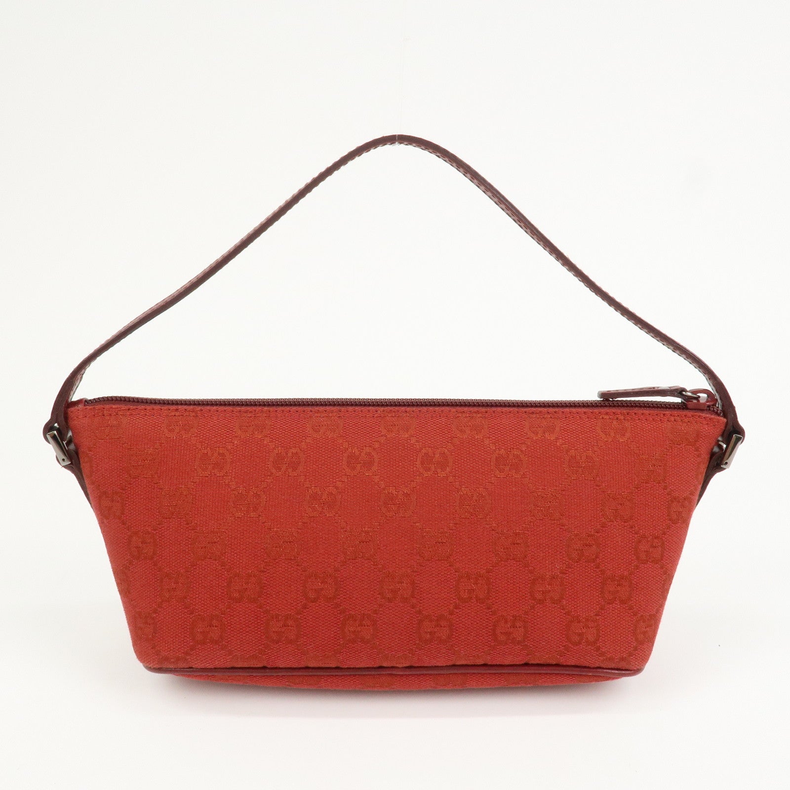 GUCCI Boat Bag GG Canvas Leather Hand Bag Pouch Red 07198